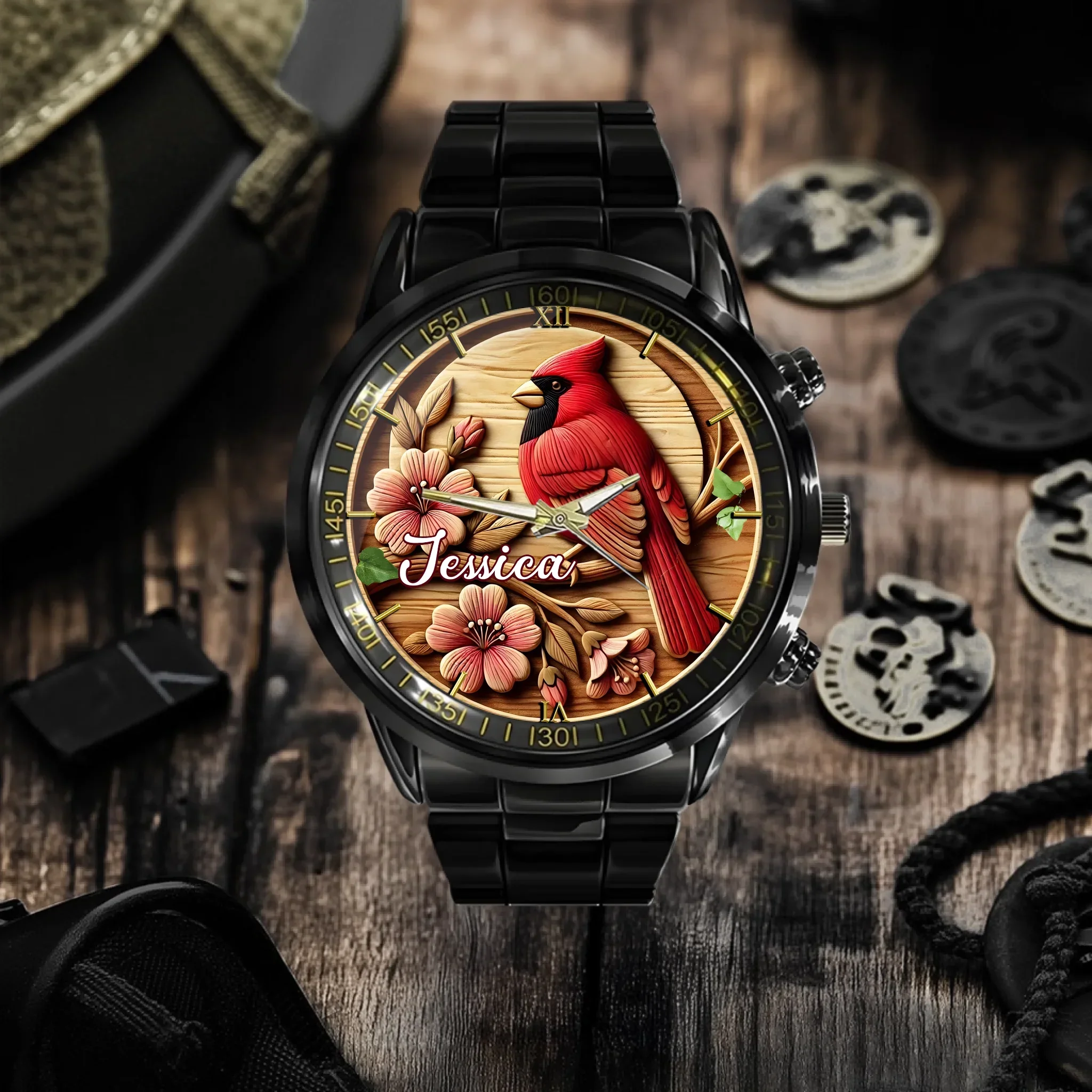 Rural-style Red Bird Customized Watch – Personalized Name - Gift for Country Garden Enthusiast - Joliny