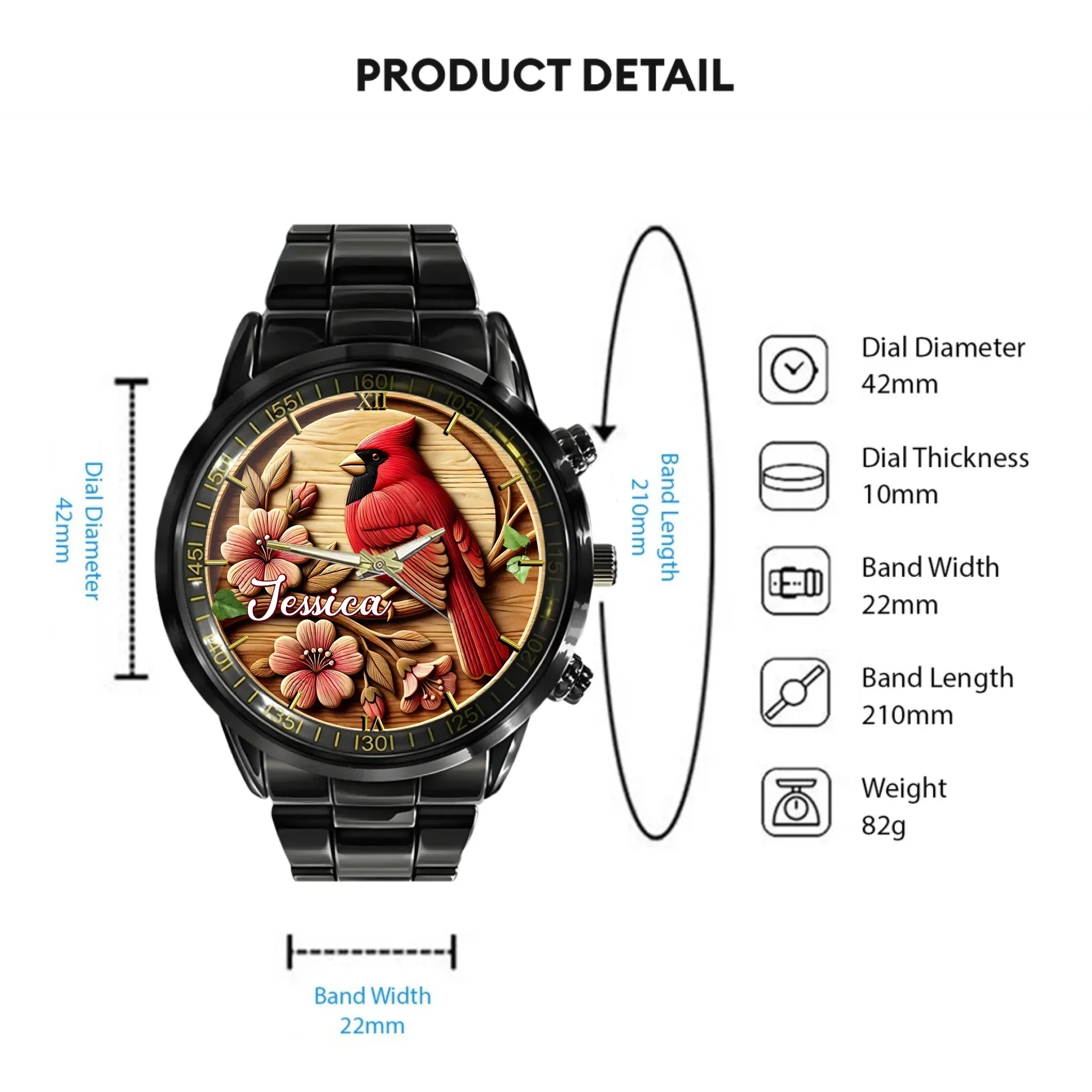 Rural-style Red Bird Customized Watch – Personalized Name - Gift for Country Garden Enthusiast - Joliny