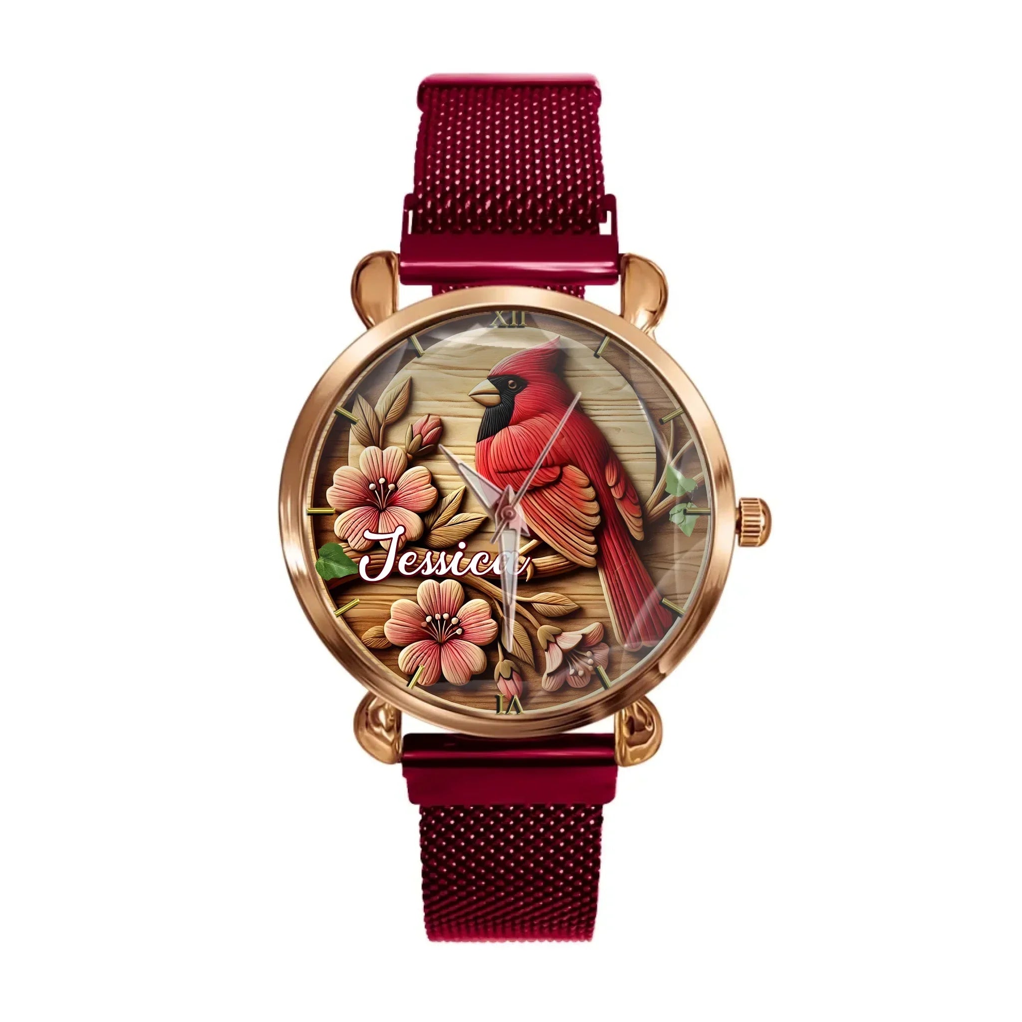 Rural-style Red Bird Customized Watch – Personalized Name - Gift for Country Garden Enthusiast - Joliny
