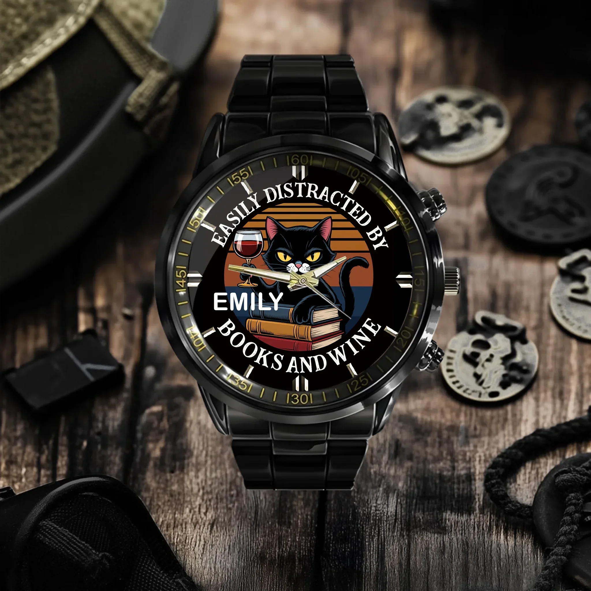 Easily Distracted By Books, Cats, & Wine - Personalized Name Watch - Joliny