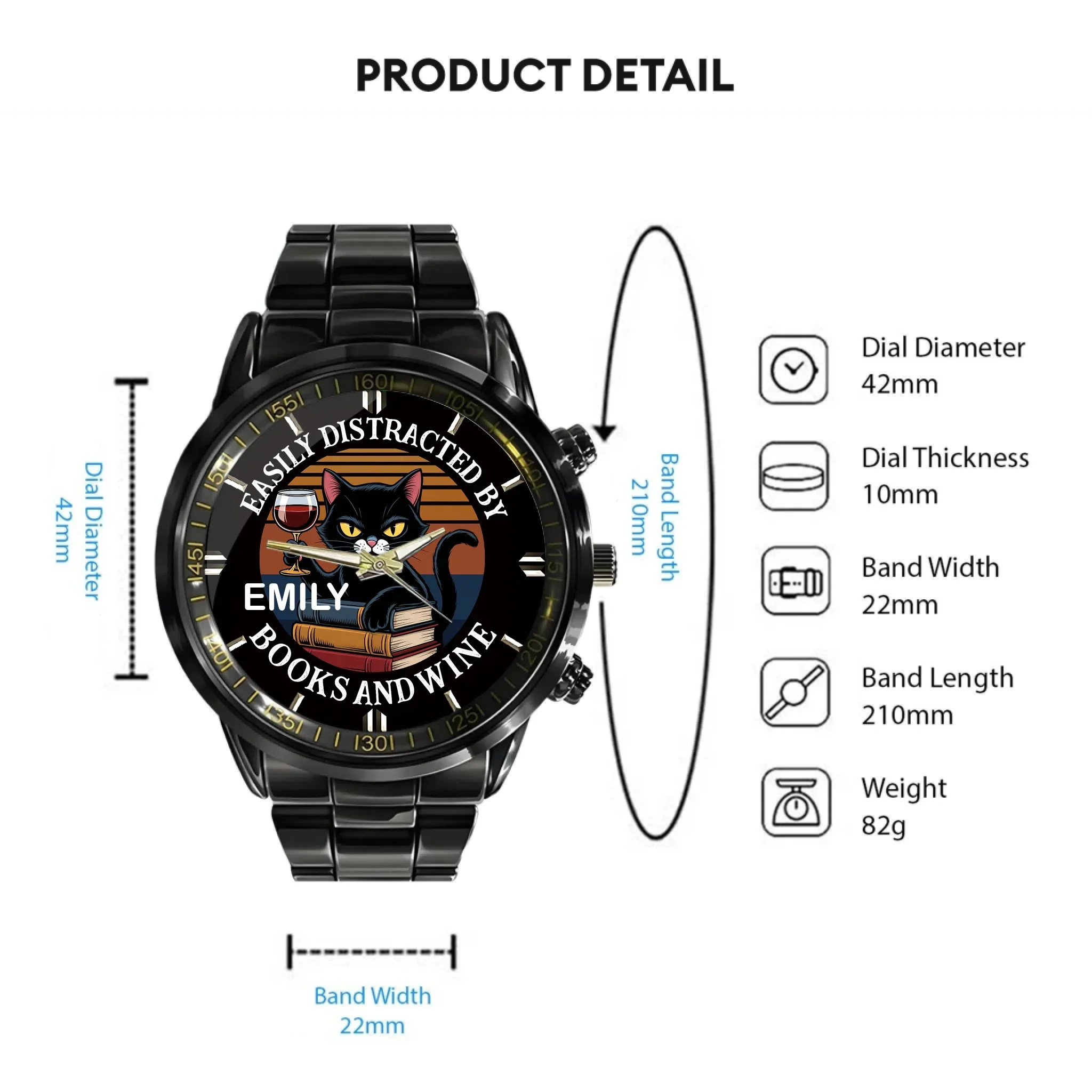 Easily Distracted By Books, Cats, & Wine - Personalized Name Watch - Joliny