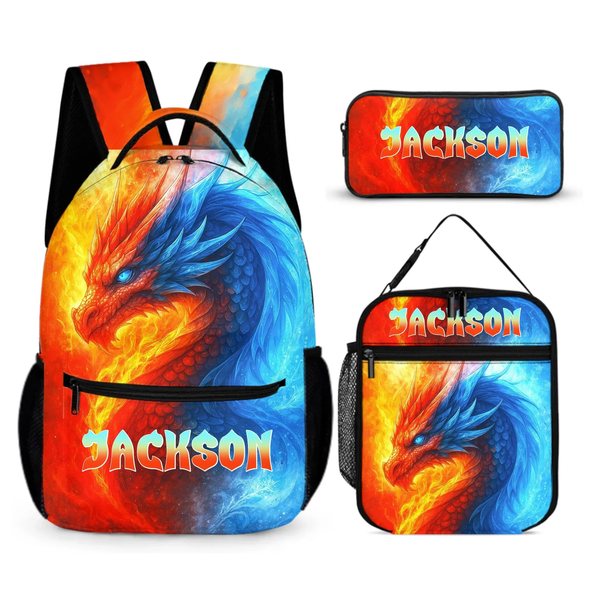 Fire and Ice Dragons Backpack – Unique Fantasy Design- Personalized Name - Joliny