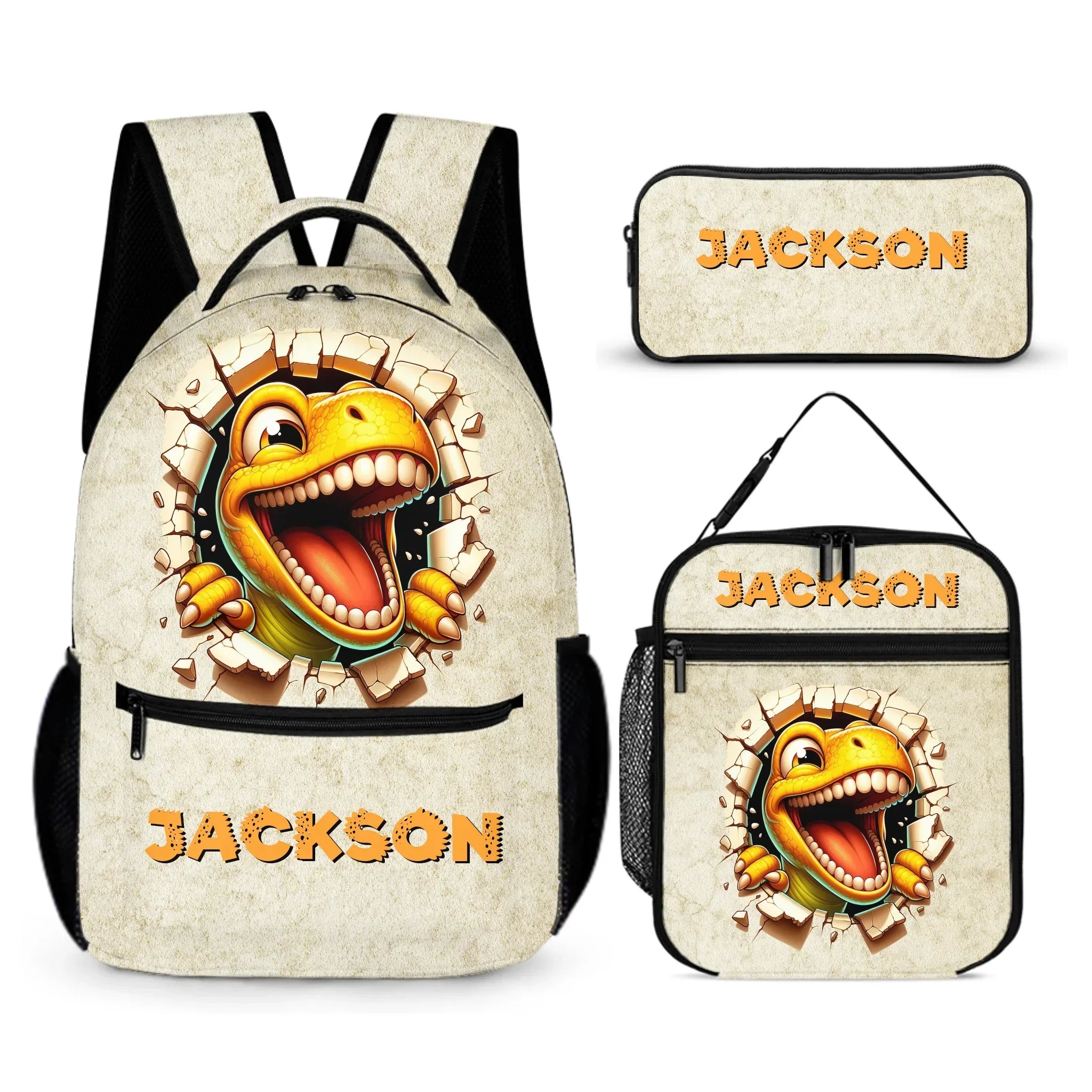 Cartoon Dinosaur Bursts Through Hole Custom Backpack - Personalized Name - Joliny
