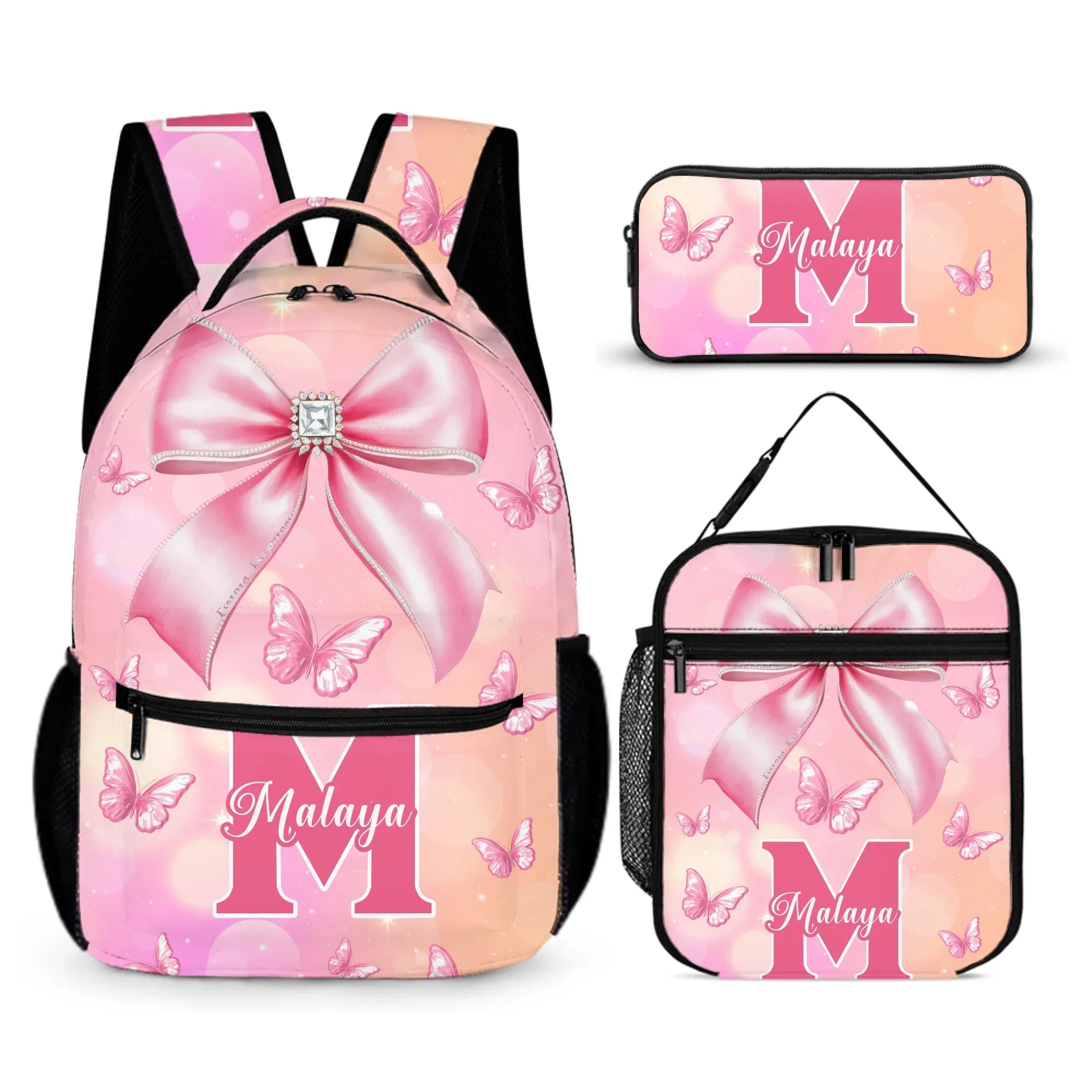 Pink Butterfly Pattern Name Customized Initials Customized Girl's Backpack - School Season Gift for Girls - Joliny
