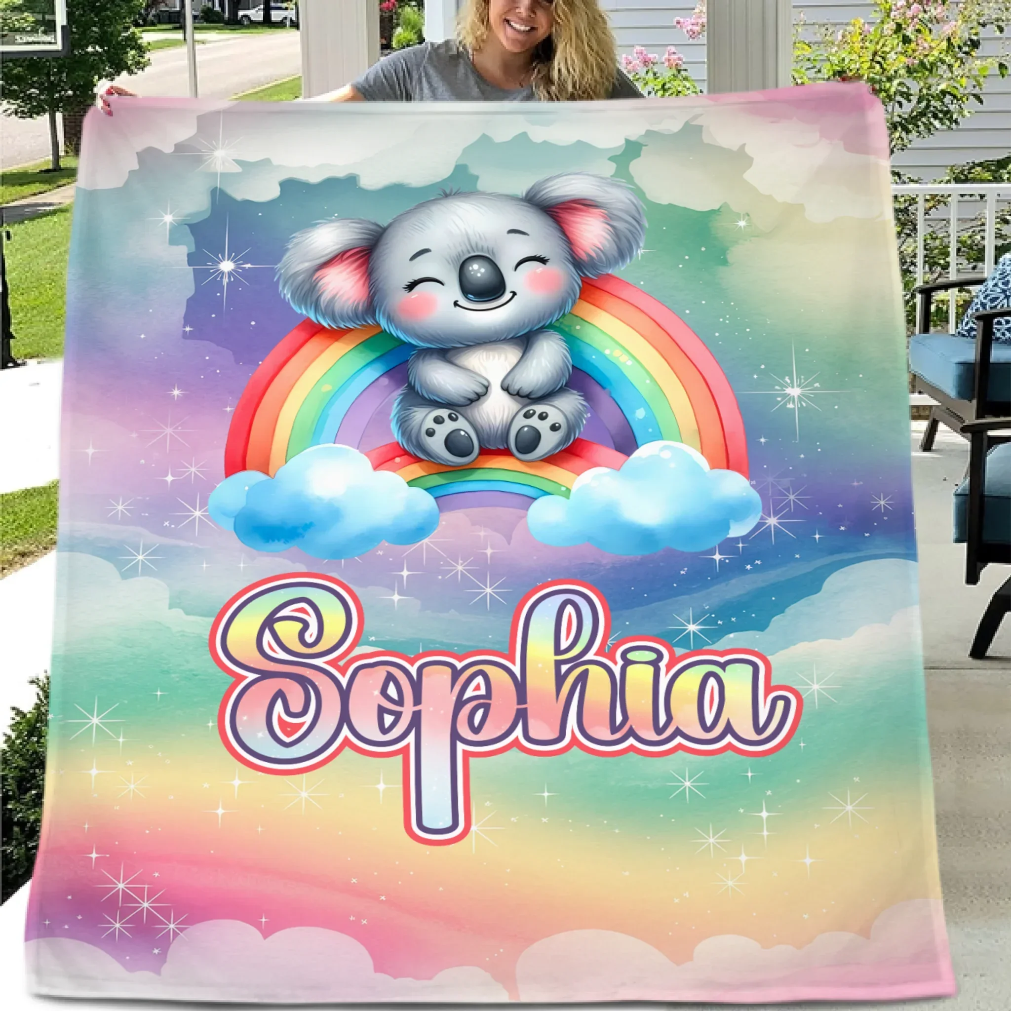 The Dreaming Koala On The Rainbow Custom Blanket - Personalized Name - Start The School Season