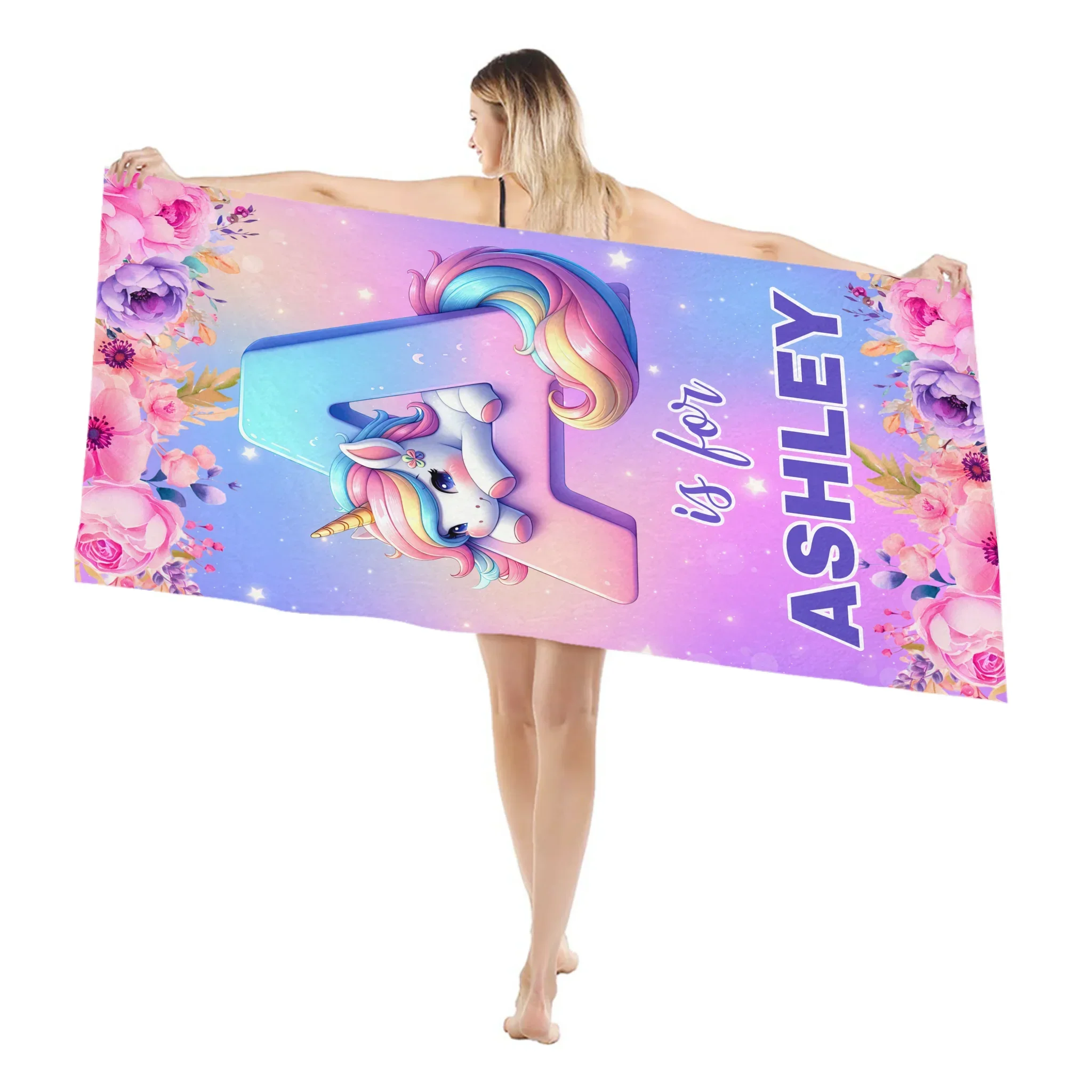 Flower Unicorn Custom Beach Towel - Personalized Initial and Name Bath Towel - Fashionable Items