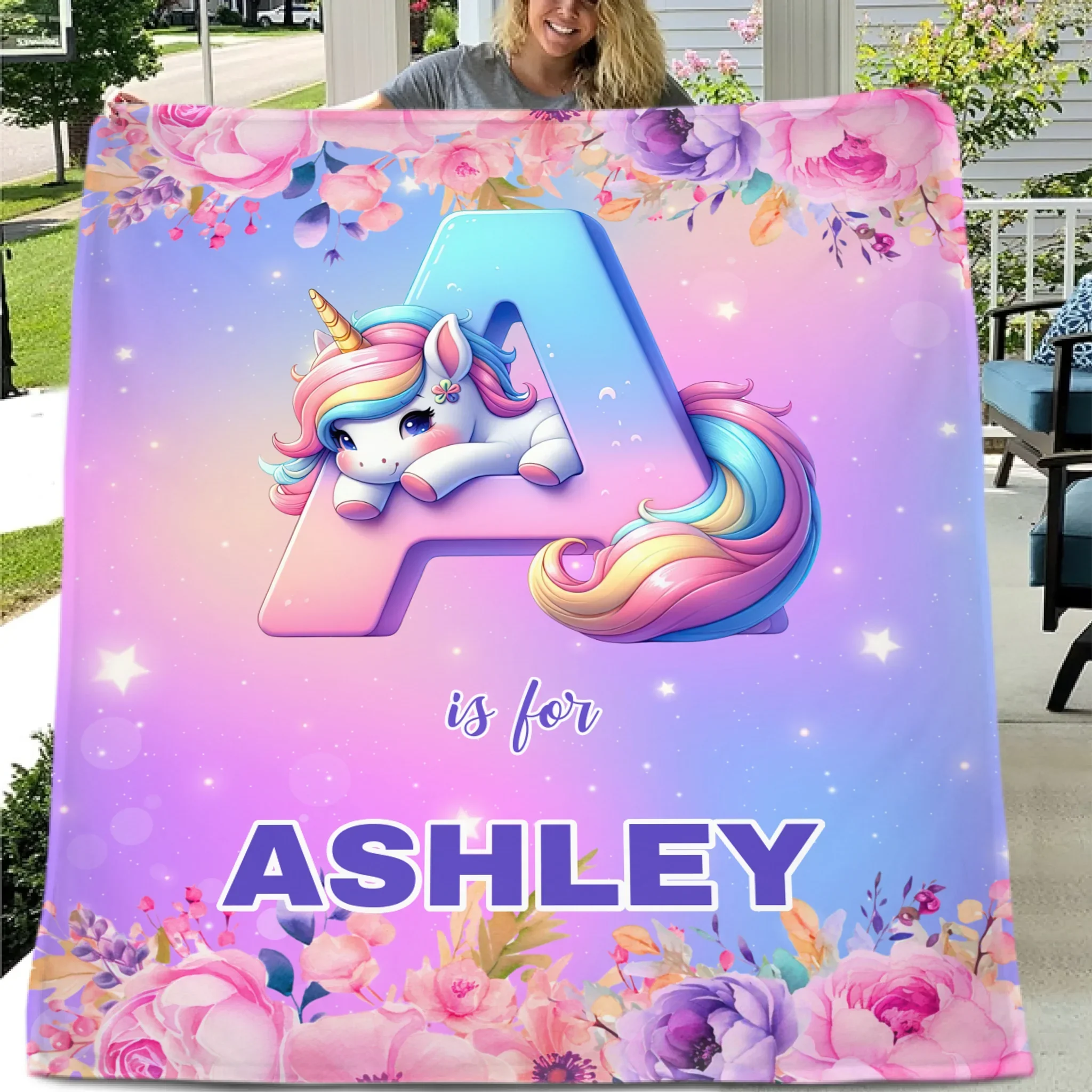 Flower Unicorn Custom Blanket - Personalized Initial and Name - Fashionable Items