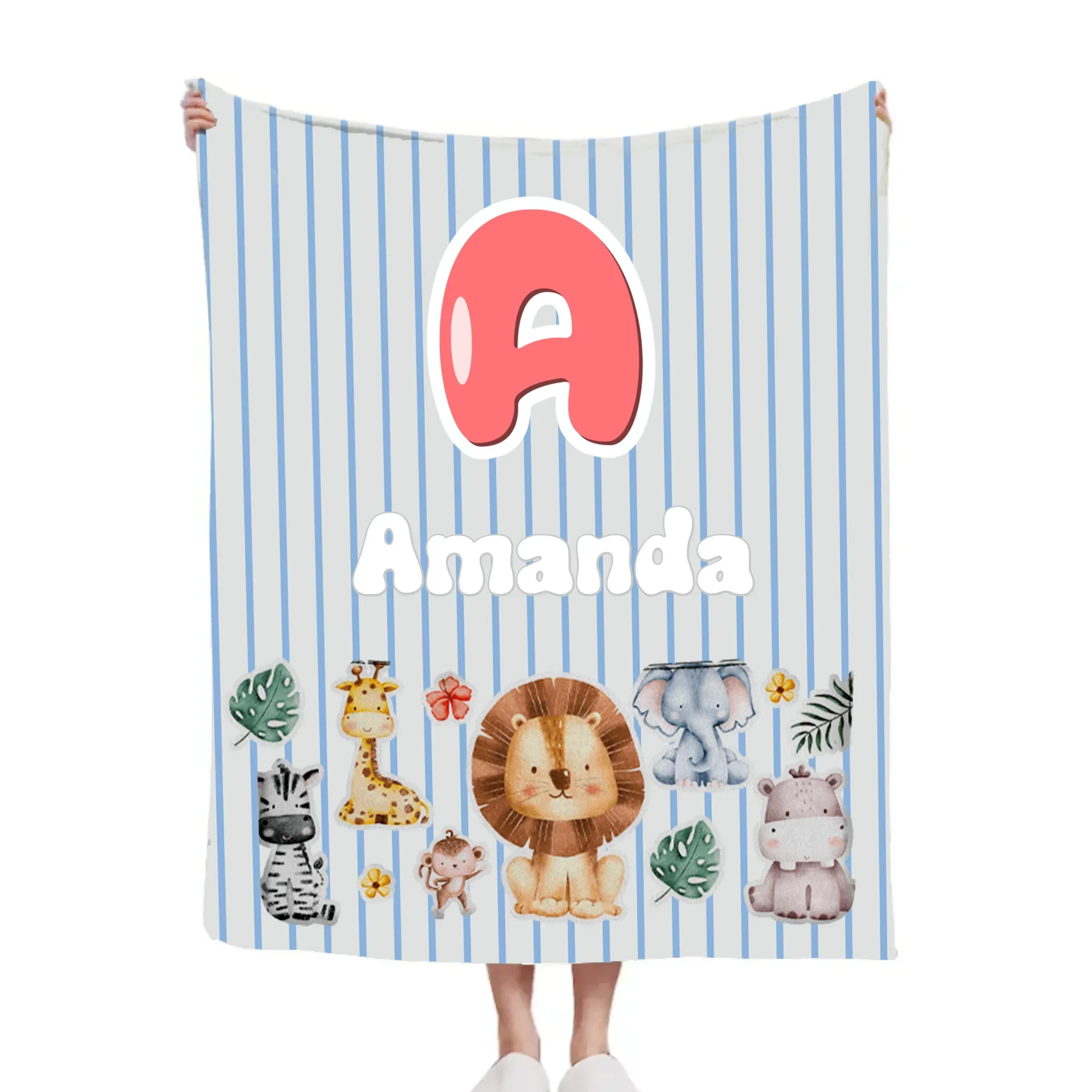 Customized Animal Pattern Colorful Vertical Stripe Blanket - Personalized Name - Gifts For Child