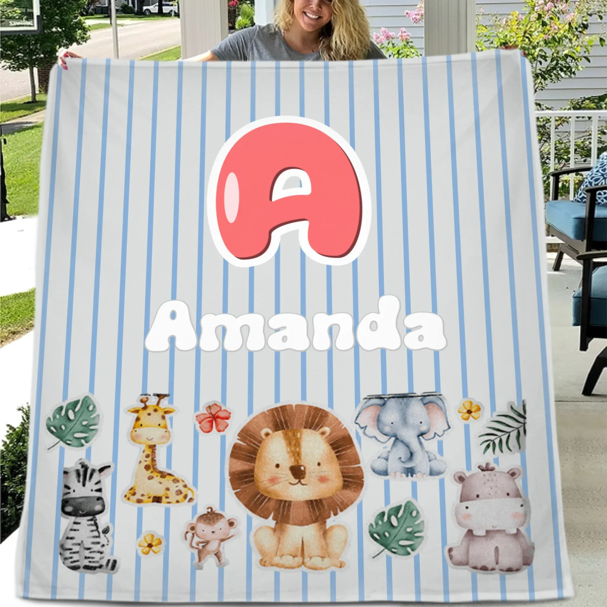 Customized Animal Pattern Colorful Vertical Stripe Blanket - Personalized Name - Gifts For Child