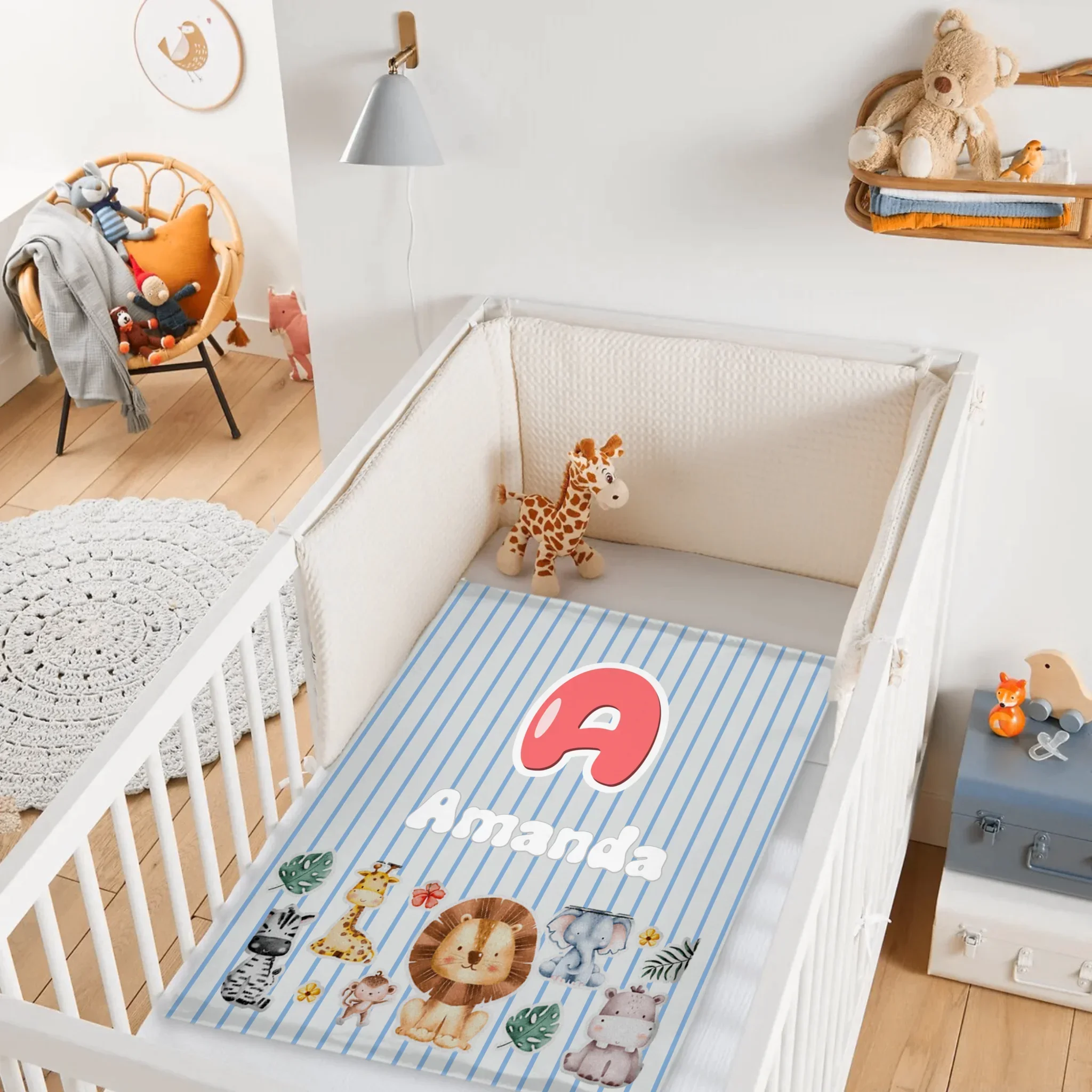 Customized Animal Pattern Colorful Vertical Stripe Blanket - Personalized Name - Gifts For Child