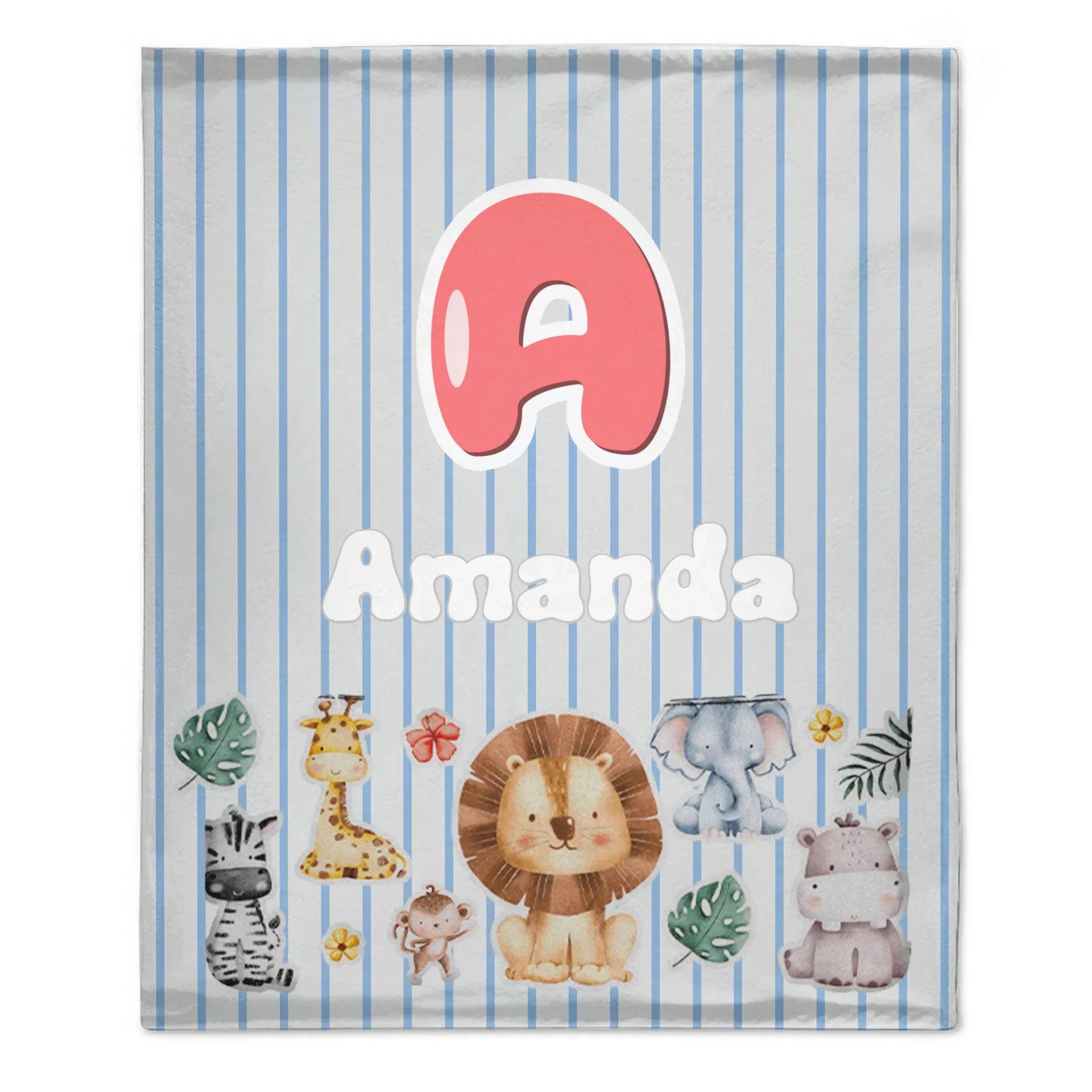 Customized Animal Pattern Colorful Vertical Stripe Blanket - Personalized Name - Gifts For Child
