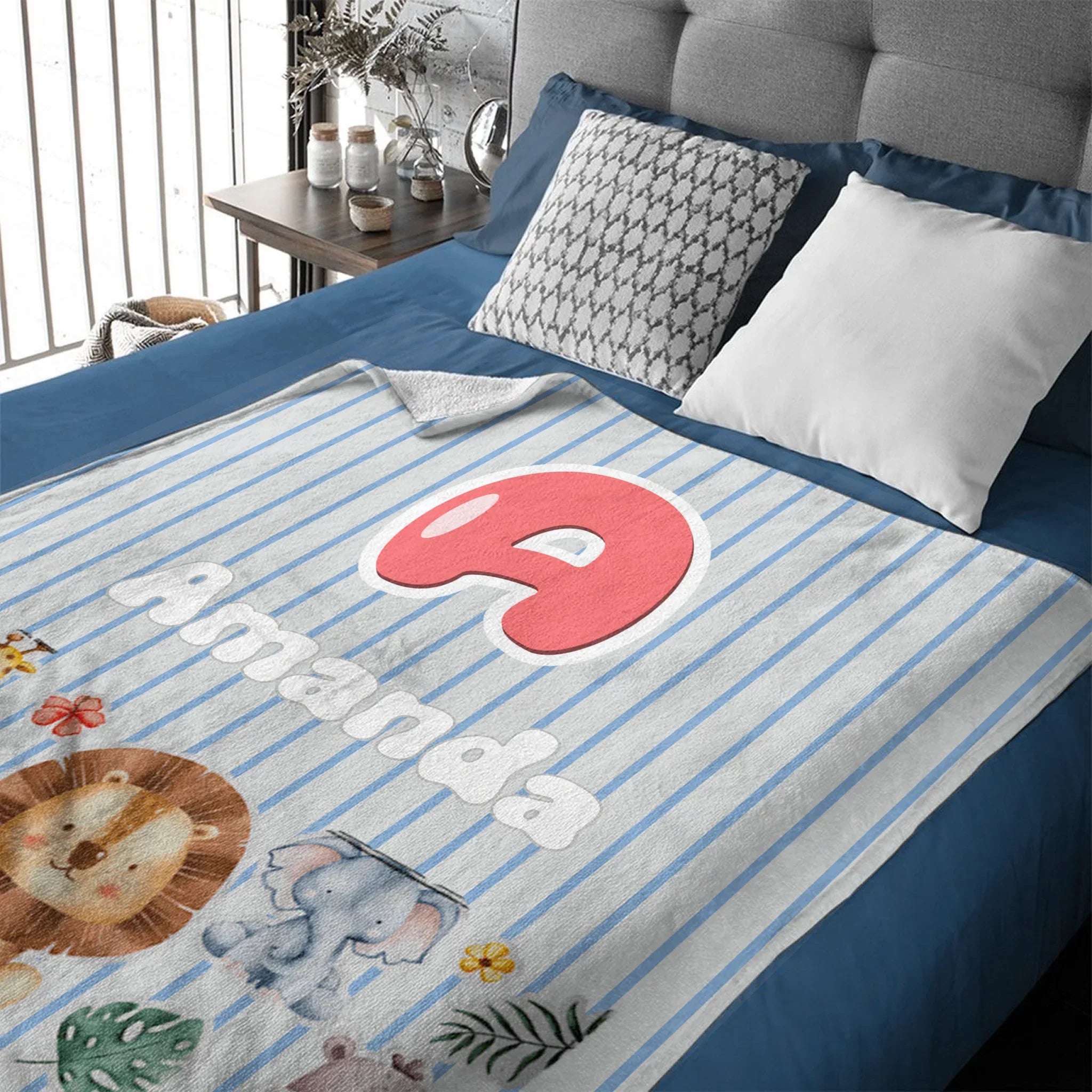 Customized Animal Pattern Colorful Vertical Stripe Blanket - Personalized Name - Gifts For Child
