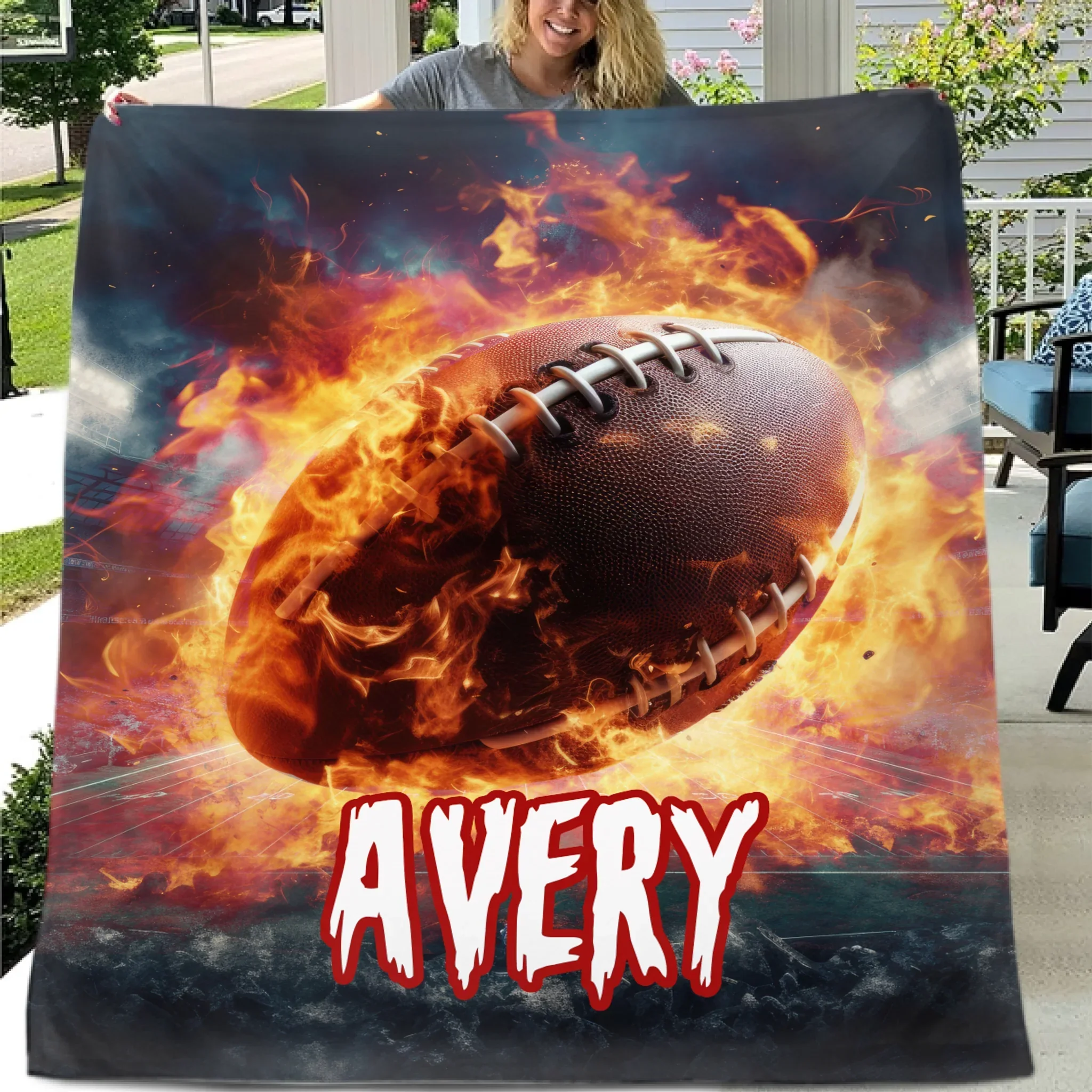 Custom Football Name Blanket – Personalized Flaming Football Wall Art – Gift for Football Fans