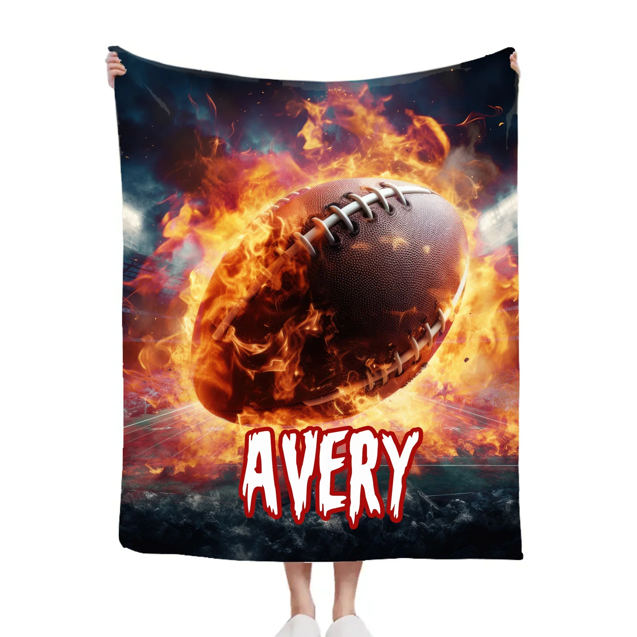 Custom Football Name Blanket – Personalized Flaming Football Wall Art – Gift for Football Fans