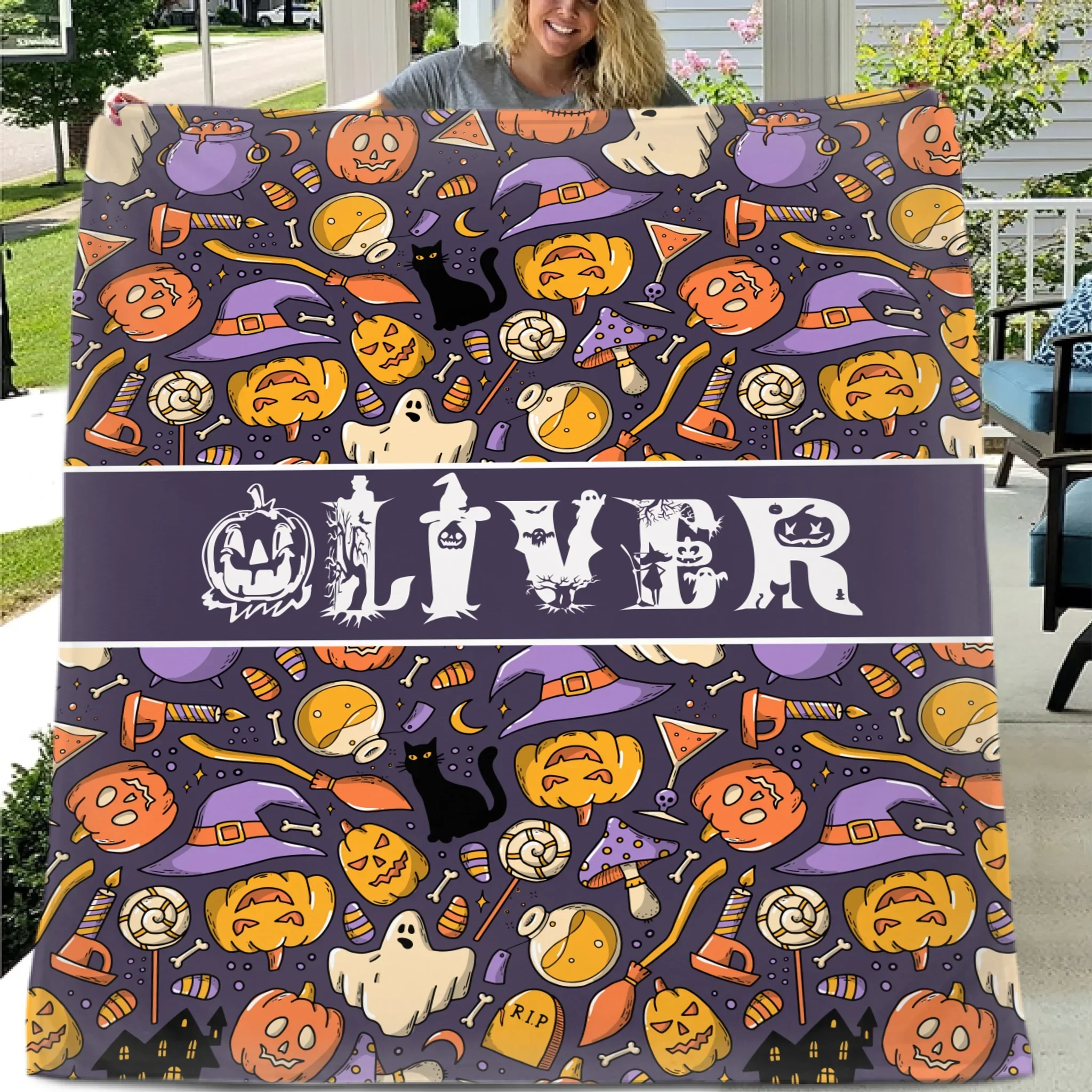 Custom Halloween Name Blanket – Personalized Pumpkin & Ghost Letter – Gift for Kids