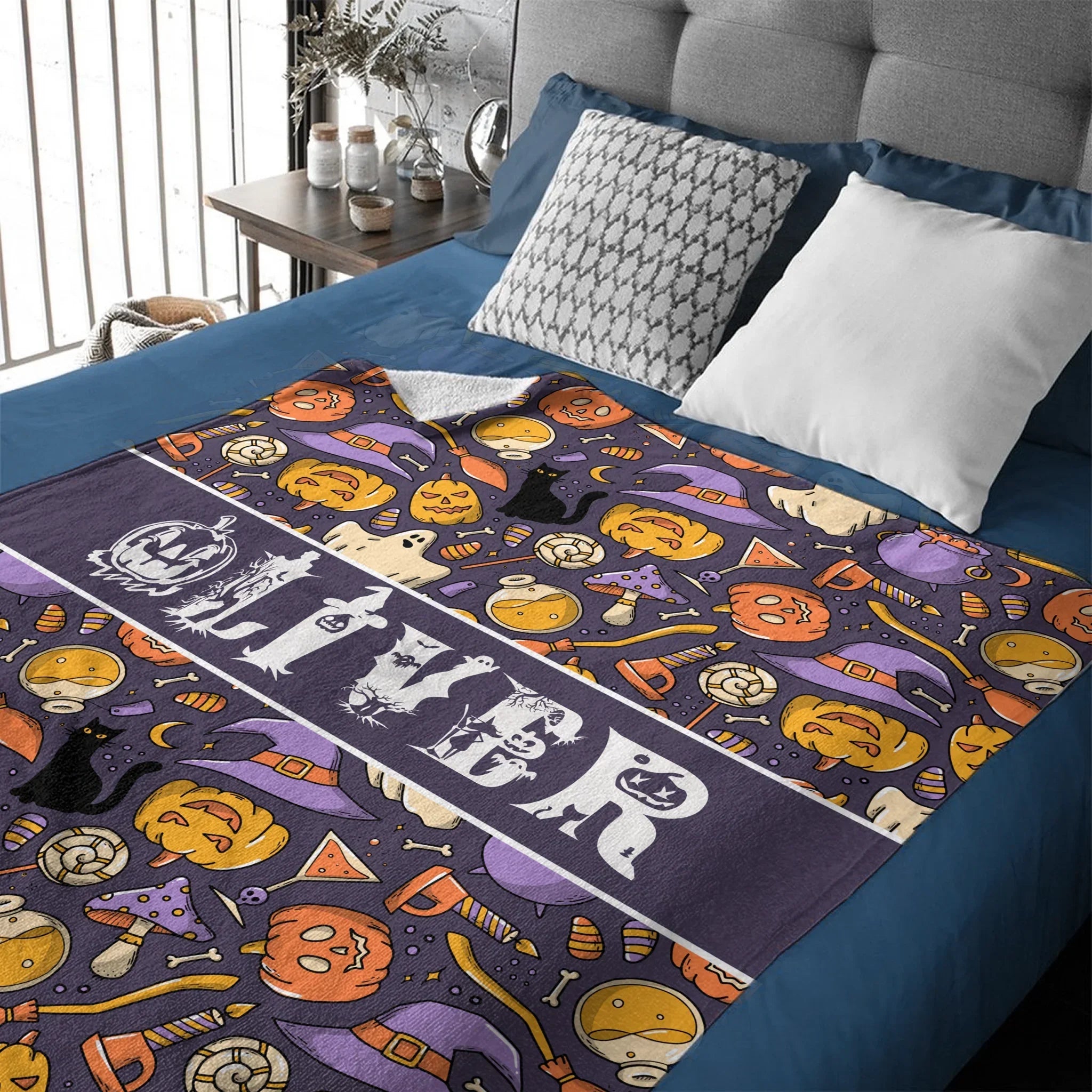 Custom Halloween Name Blanket – Personalized Pumpkin & Ghost Letter – Gift for Kids