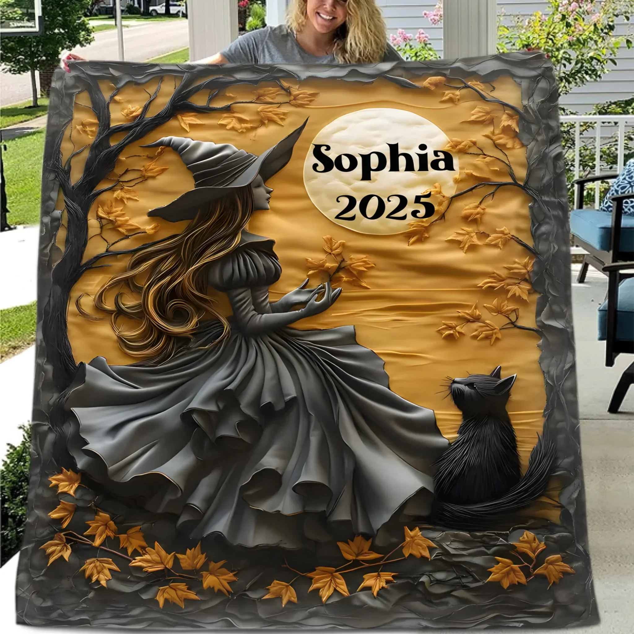 Mysterious Witch & Her Black Cat Customized Blanket- Personalized Name - Halloween Gifts