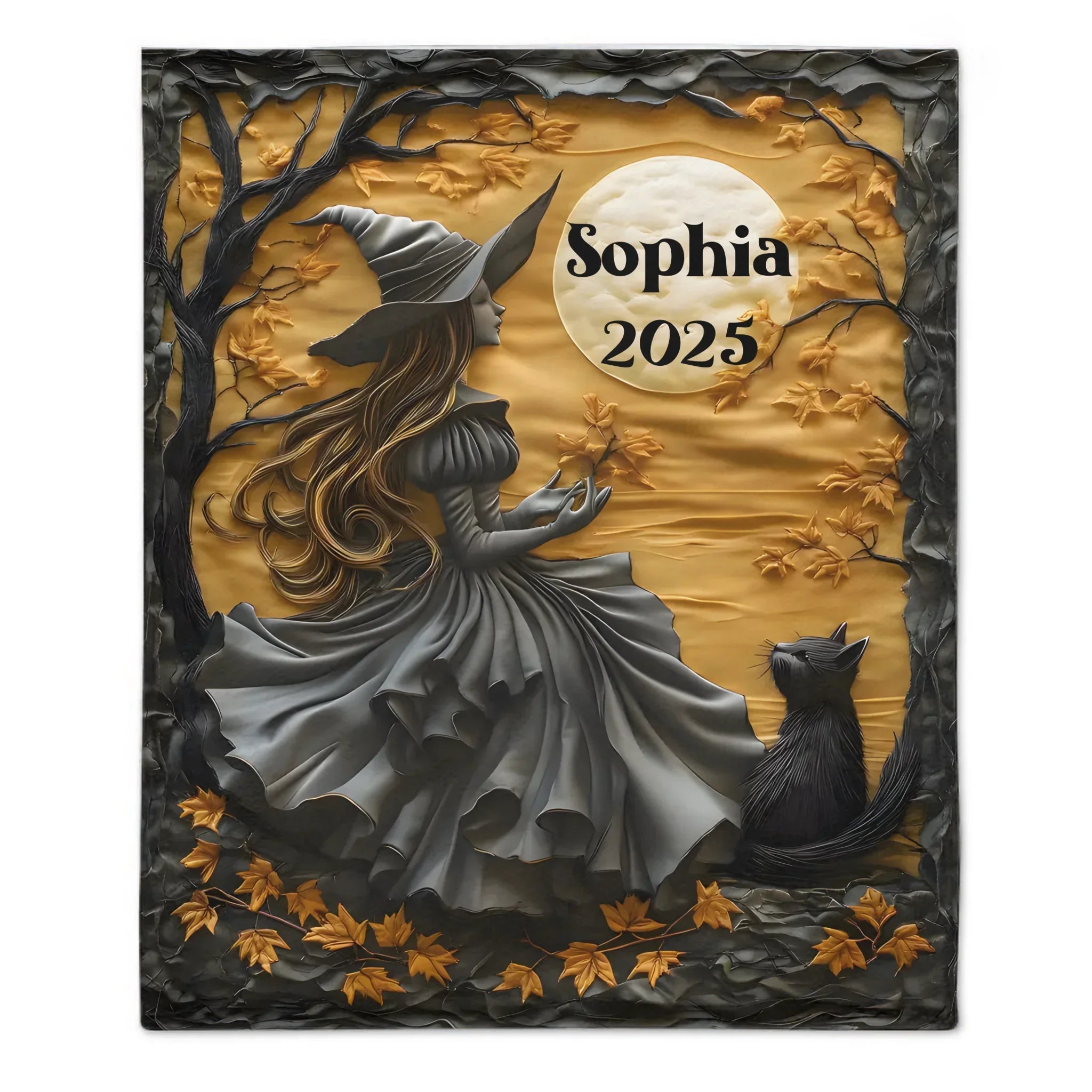 Mysterious Witch & Her Black Cat Customized Blanket- Personalized Name - Halloween Gifts