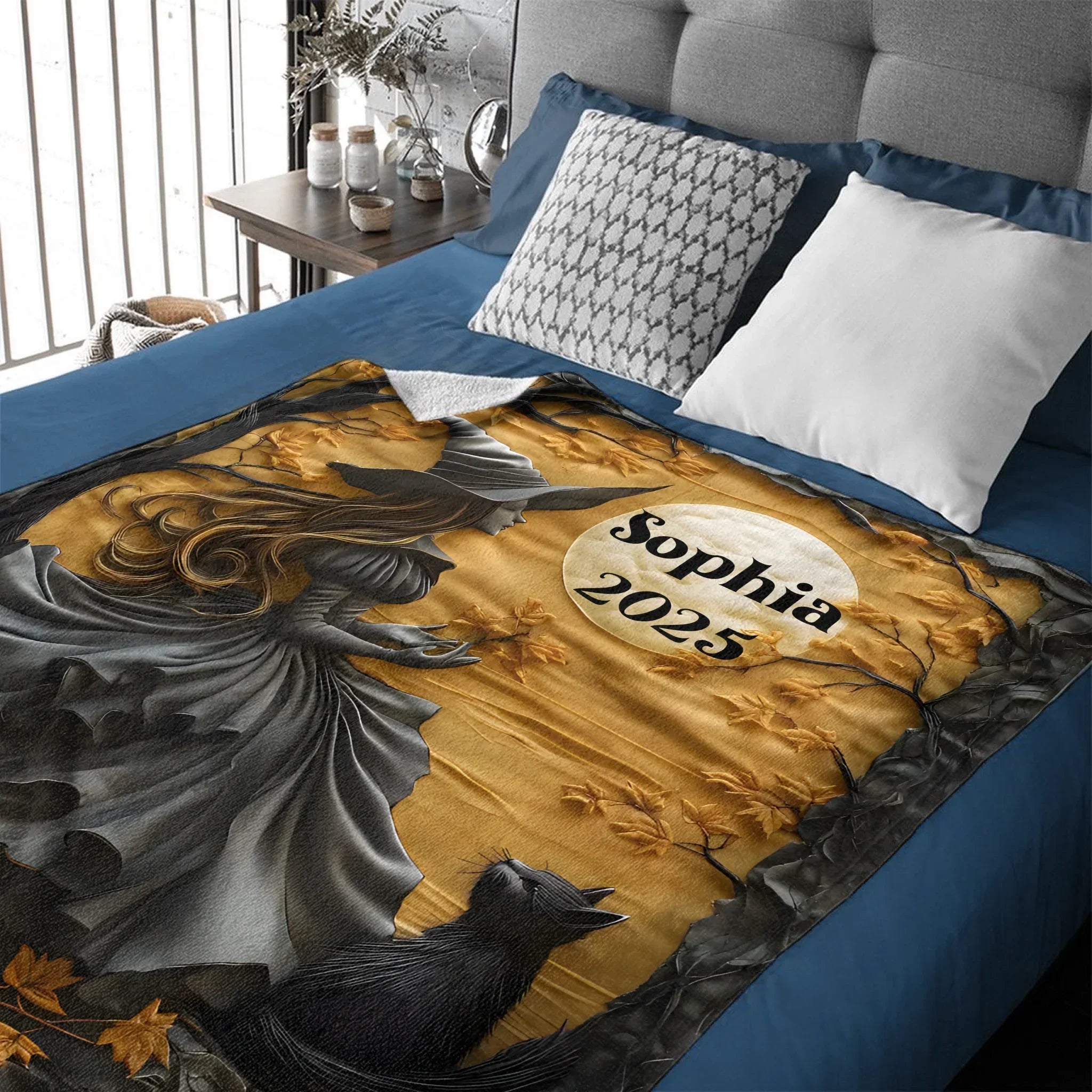 Mysterious Witch & Her Black Cat Customized Blanket- Personalized Name - Halloween Gifts
