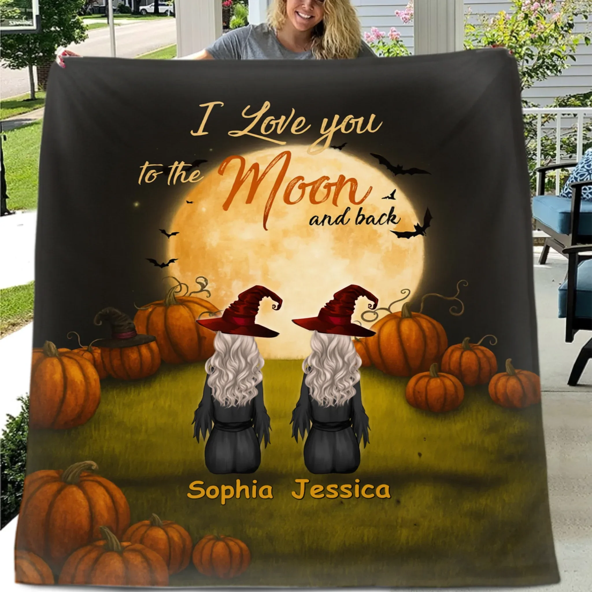 🧙♀️I Love You To The Moon And Back - Personalized Halloween Witches Blanket - Halloween Gifts, Gifts For Besties