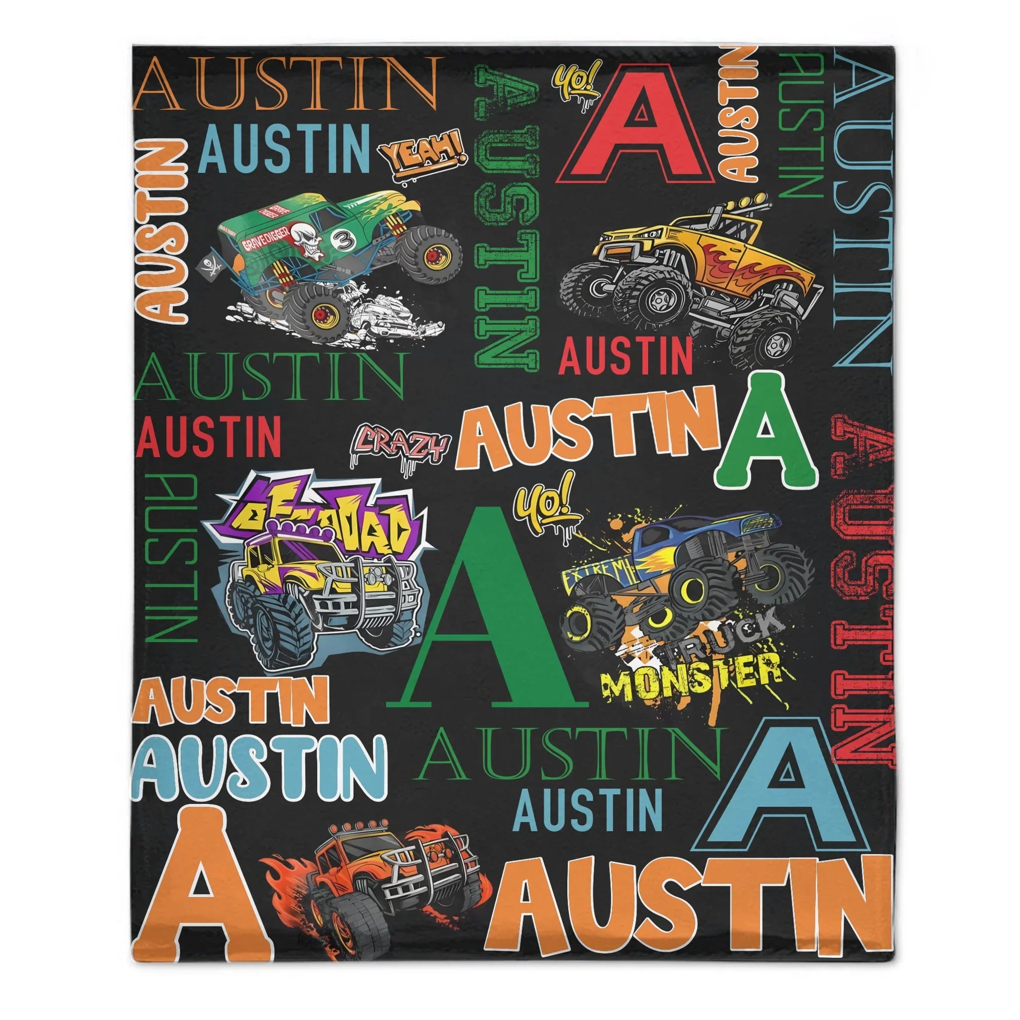 Custom Monster Truck Blanket – Personalized Off-Road Car Blanket – Gift for Boys