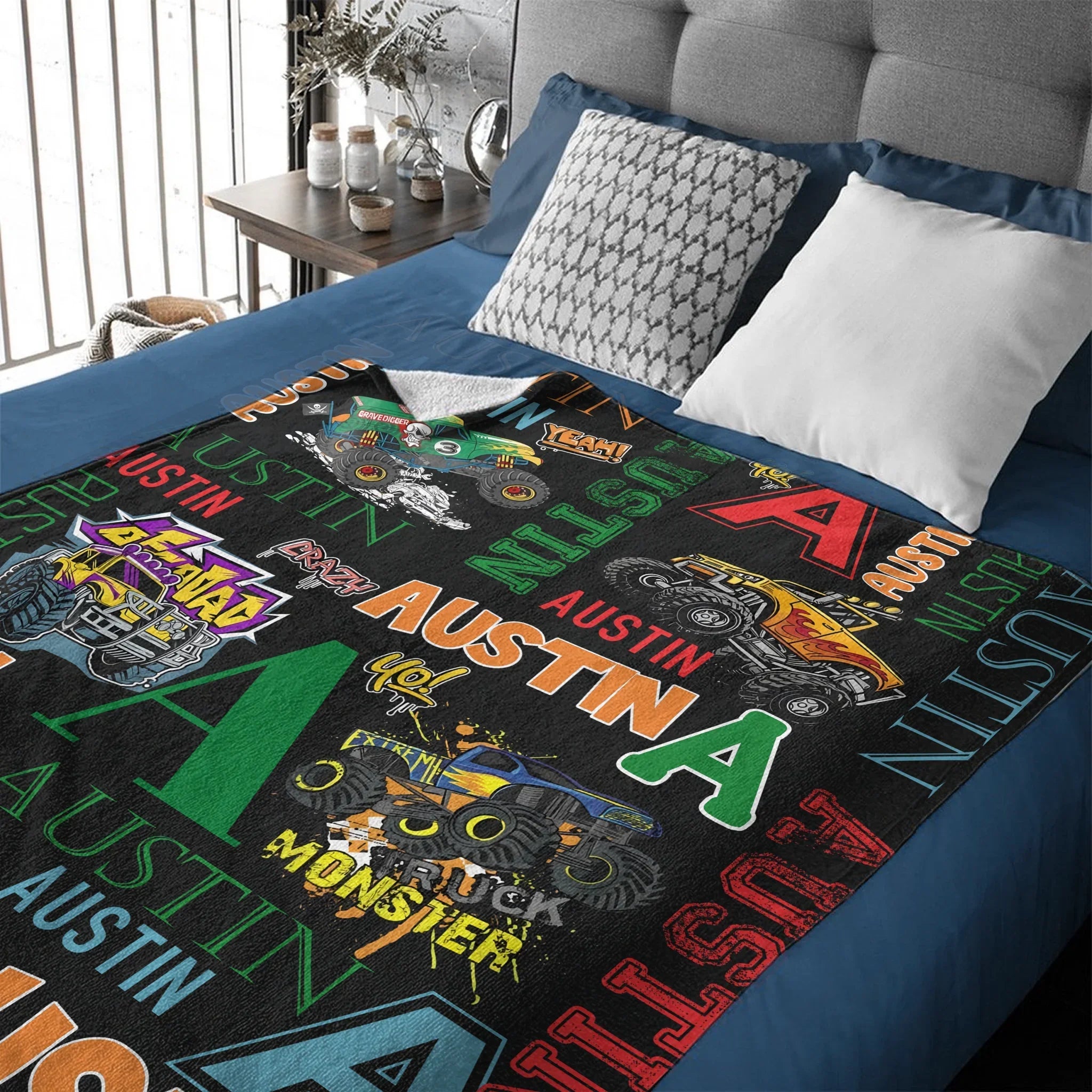 Custom Monster Truck Blanket – Personalized Off-Road Car Blanket – Gift for Boys