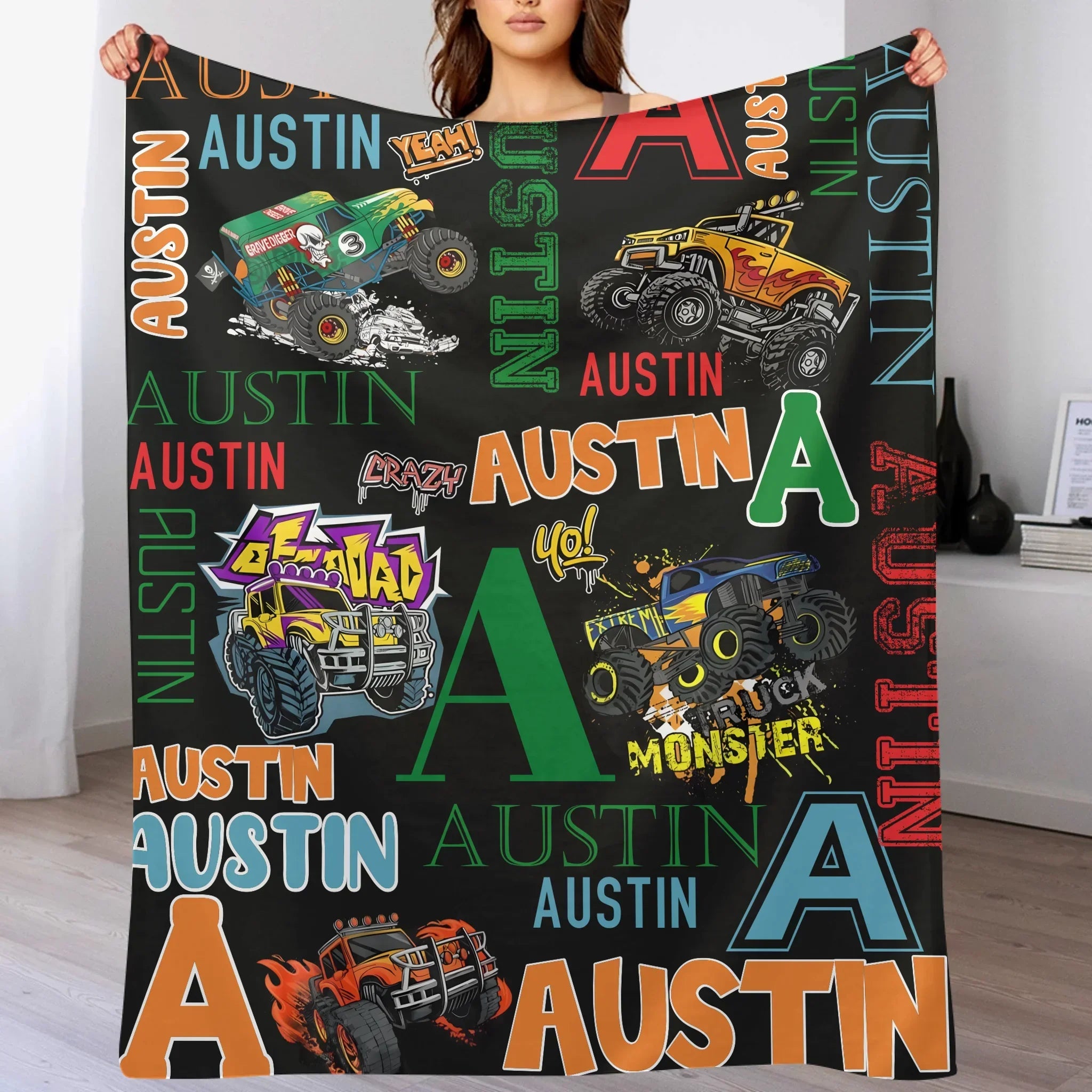 Custom Monster Truck Blanket – Personalized Off-Road Car Blanket – Gift for Boys