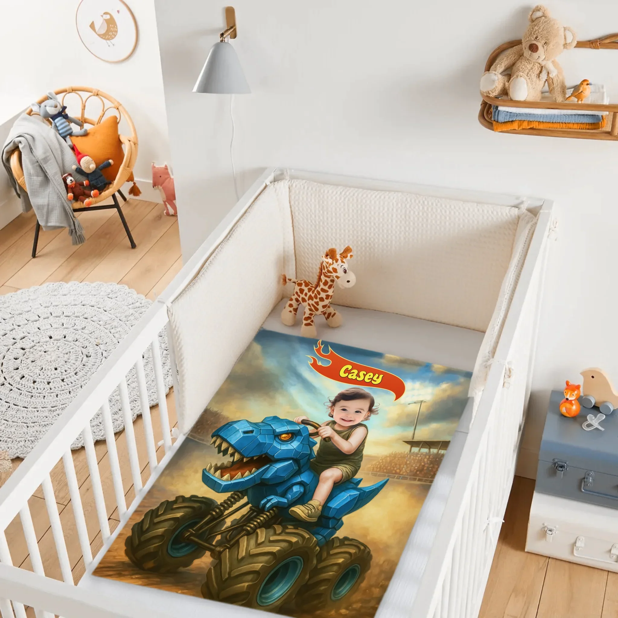 Custom Monster Truck Blanket – Personalized Dinosaur Car Throw with Photo & Name – Gift for Kids