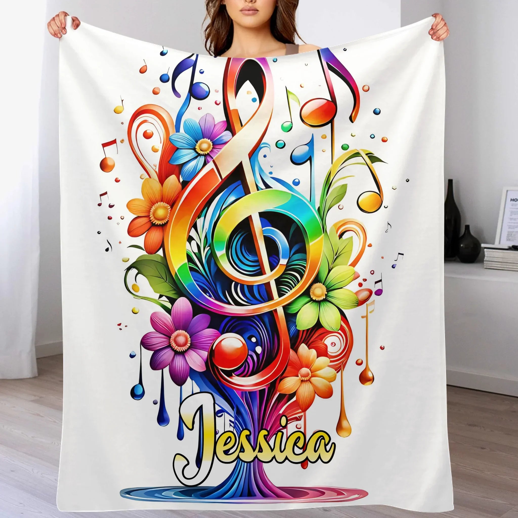 🎵Customized Colorful Clef With Leaves Blanket - Personalized Name - Gifts For Music Lovers
