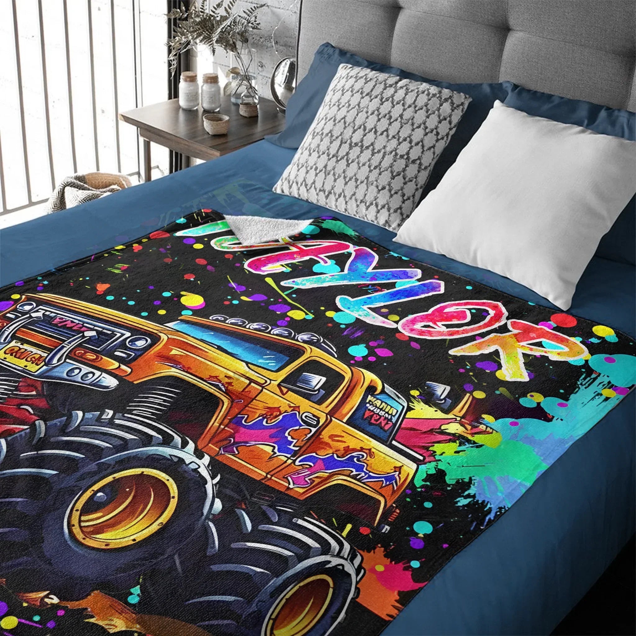 Custom Name Monster Truck Splatter Blanket – Fun Gift for Truck Lovers & Kids