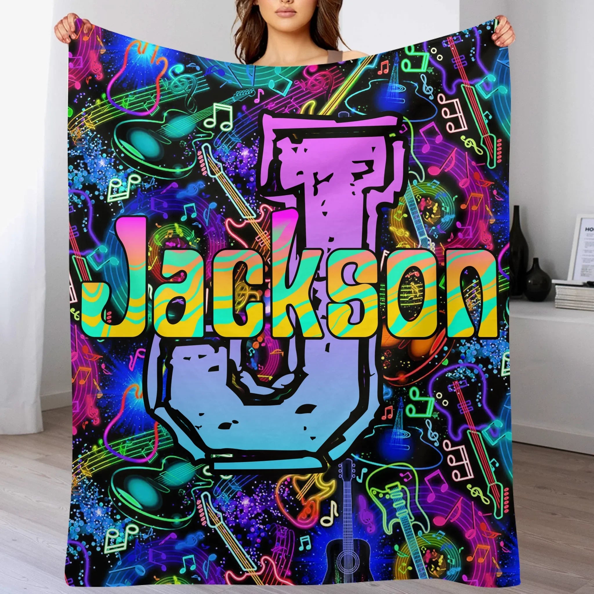 🎸Customized Black Neon Music Notes & Guitars Blanket - Personalized Name - Gifts For Rockstars, Music Lovers