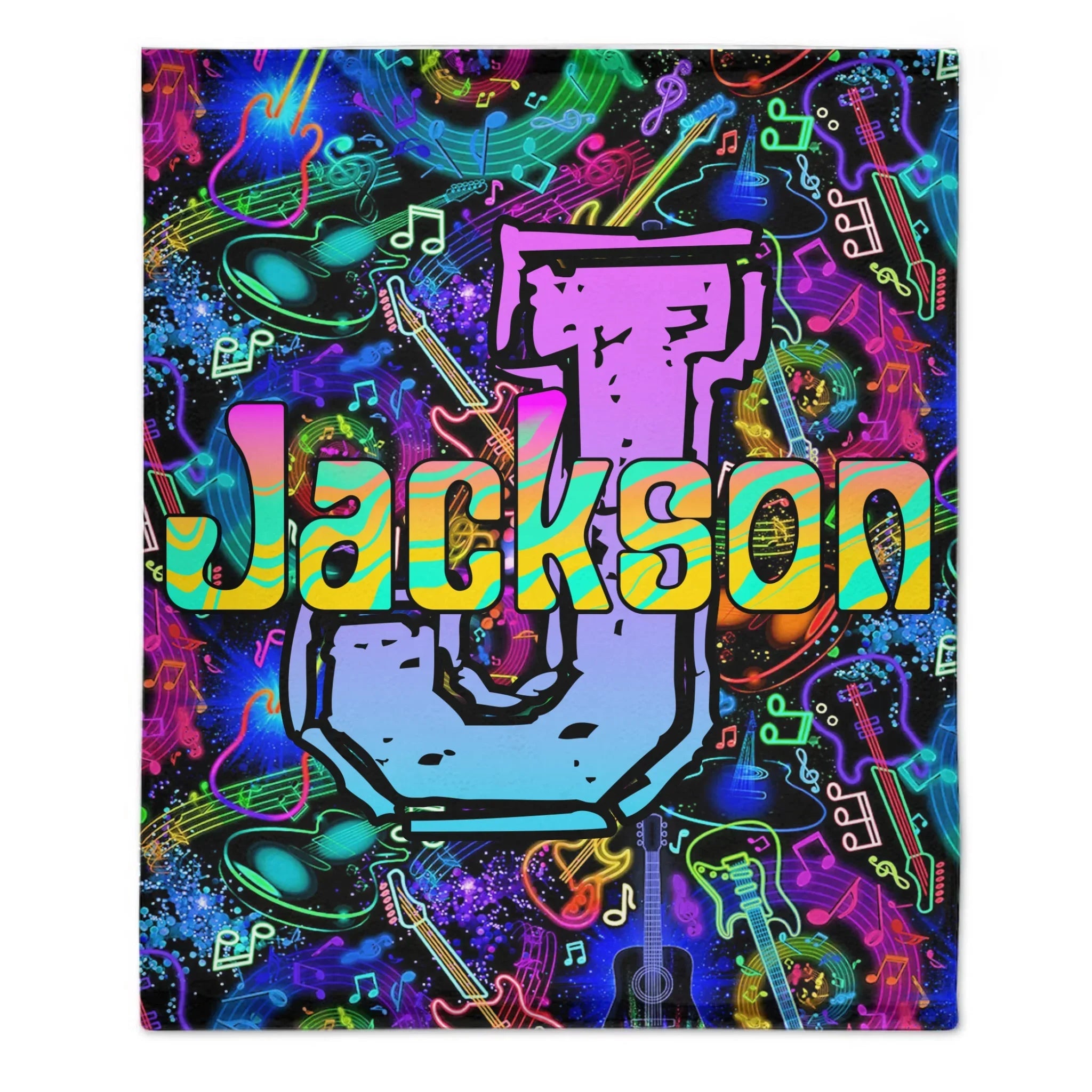 🎸Customized Black Neon Music Notes & Guitars Blanket - Personalized Name - Gifts For Rockstars, Music Lovers