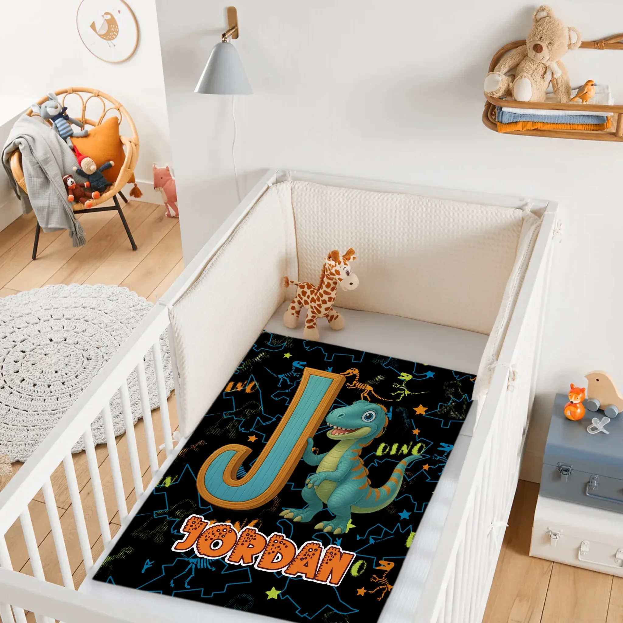 Custom Dinosaur Alphabet Blanket – Personalized Kids Name Initial Throw – Gift for Boys & Girls