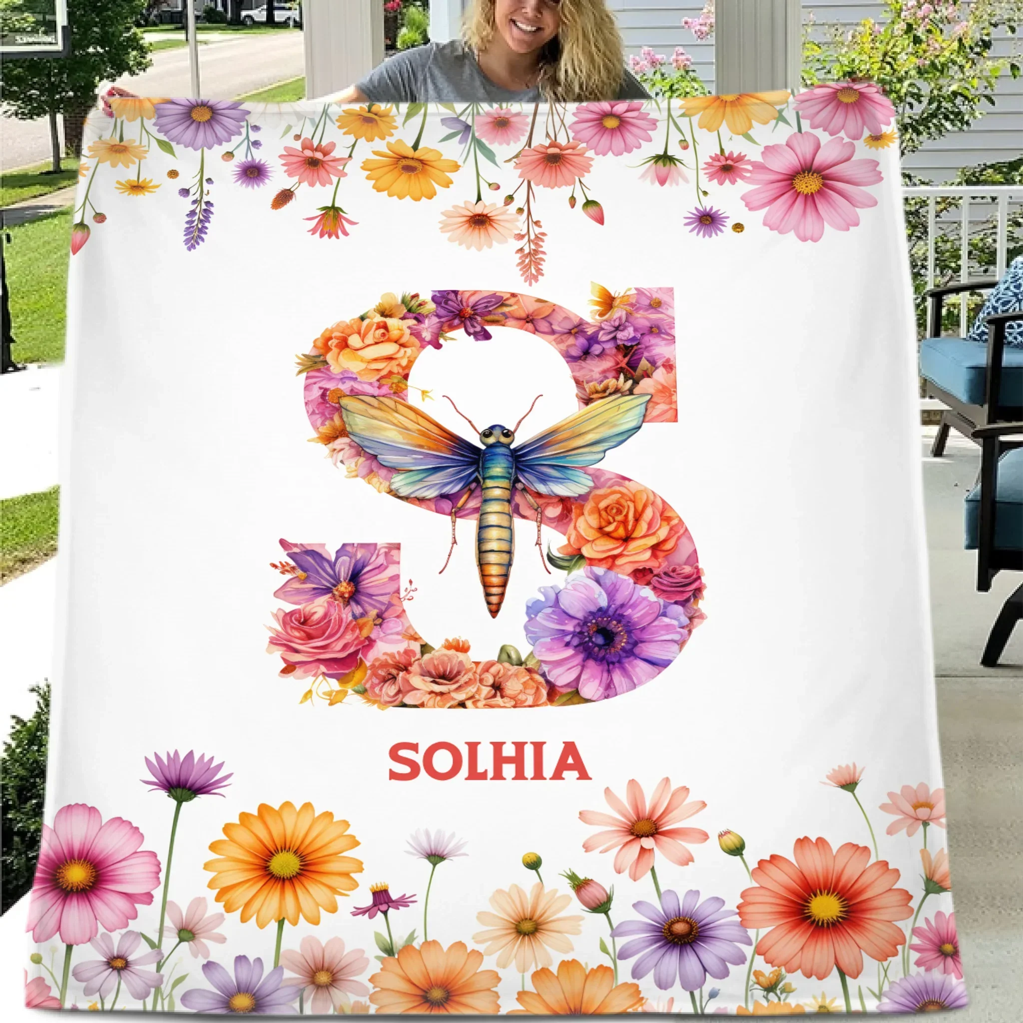 Romantic Flowers and Butterflies - Personalized Blankets with Initial and Name