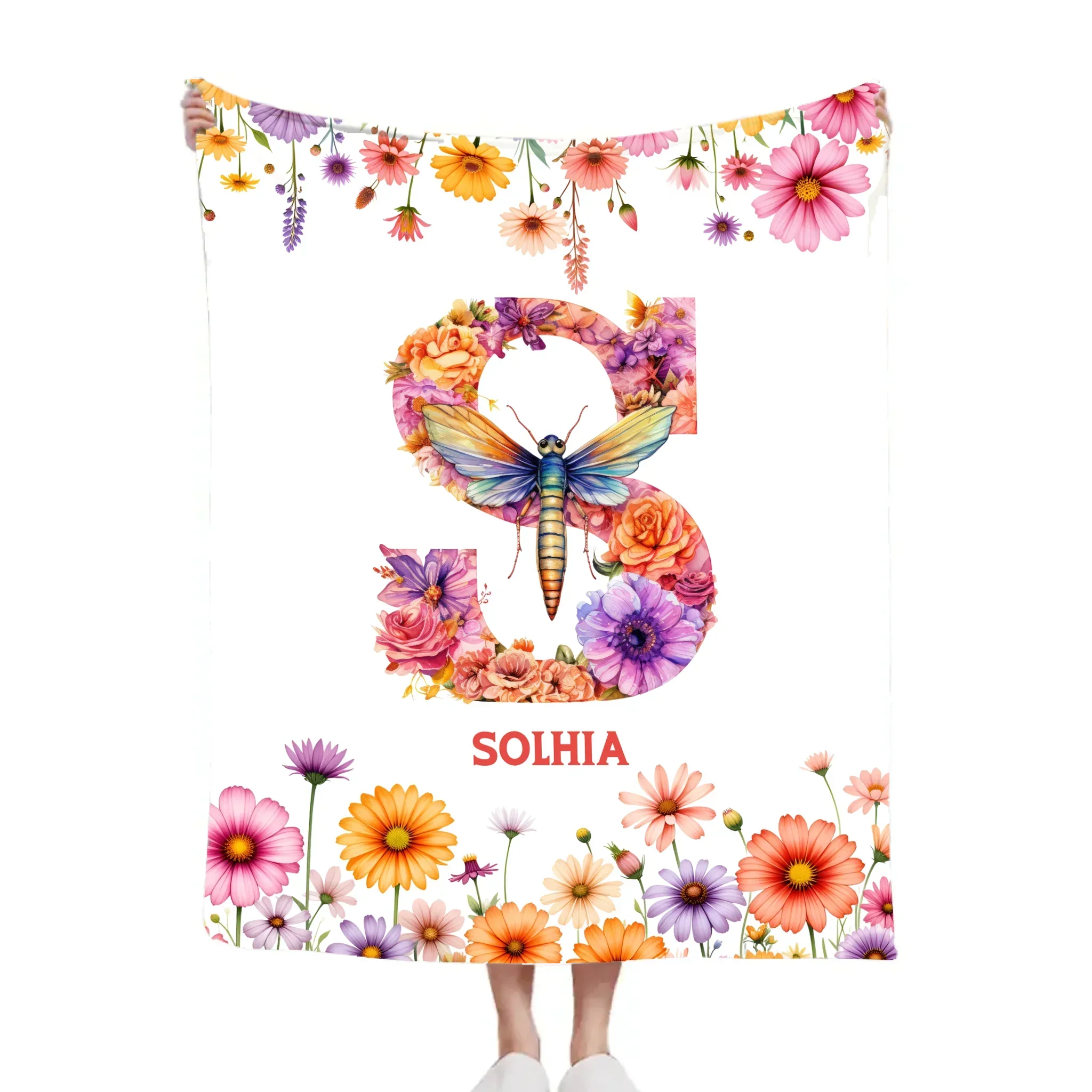 Romantic Flowers and Butterflies - Personalized Blankets with Initial and Name