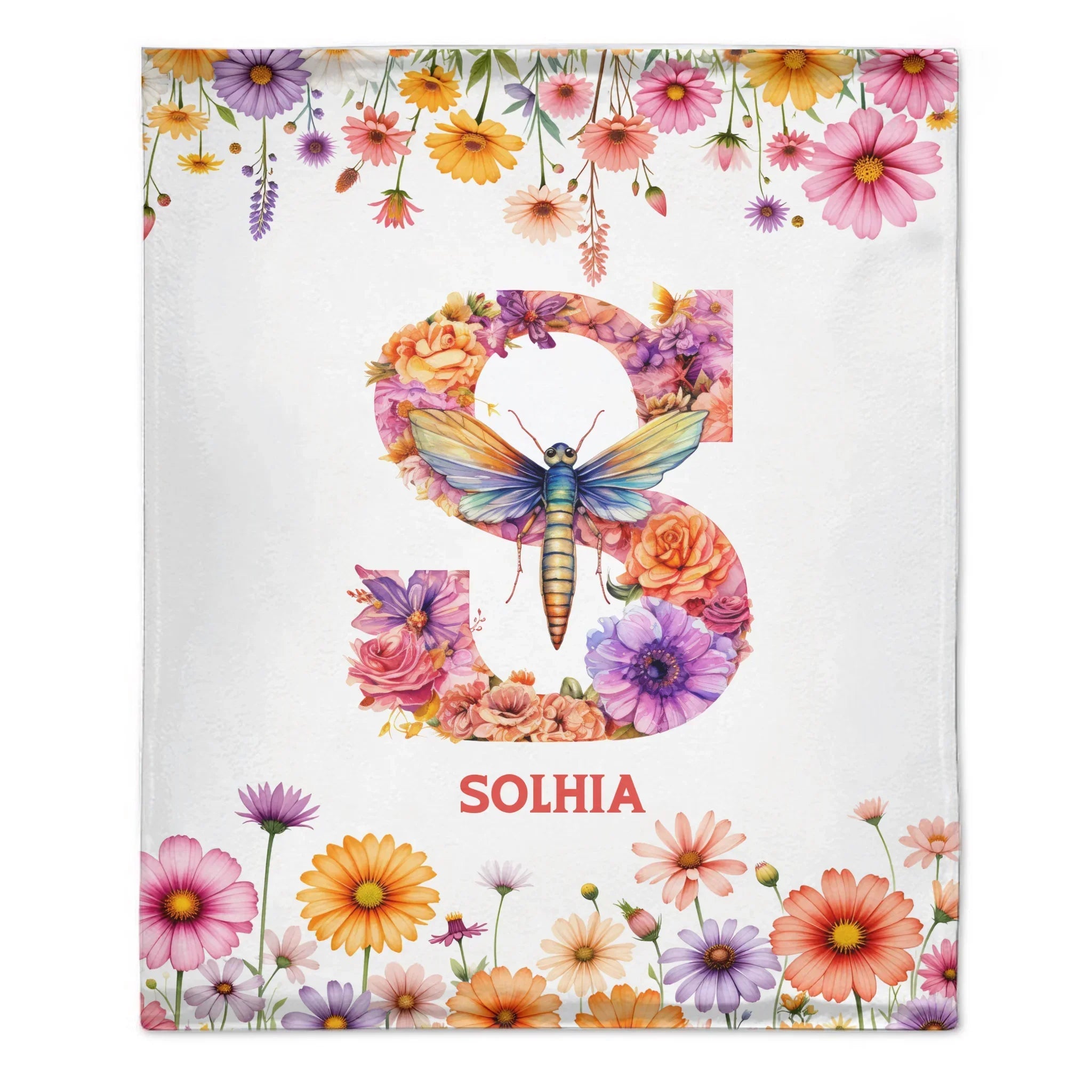 Romantic Flowers and Butterflies - Personalized Blankets with Initial and Name