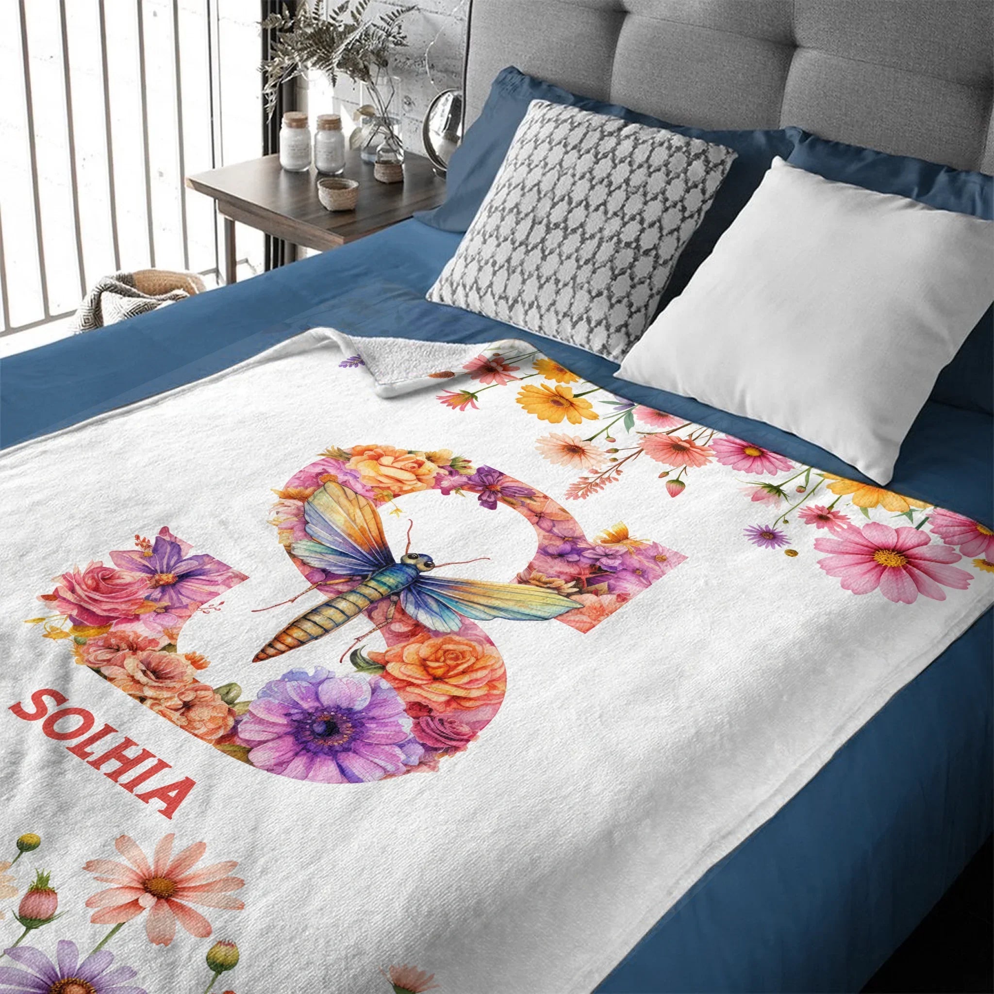 Romantic Flowers and Butterflies - Personalized Blankets with Initial and Name
