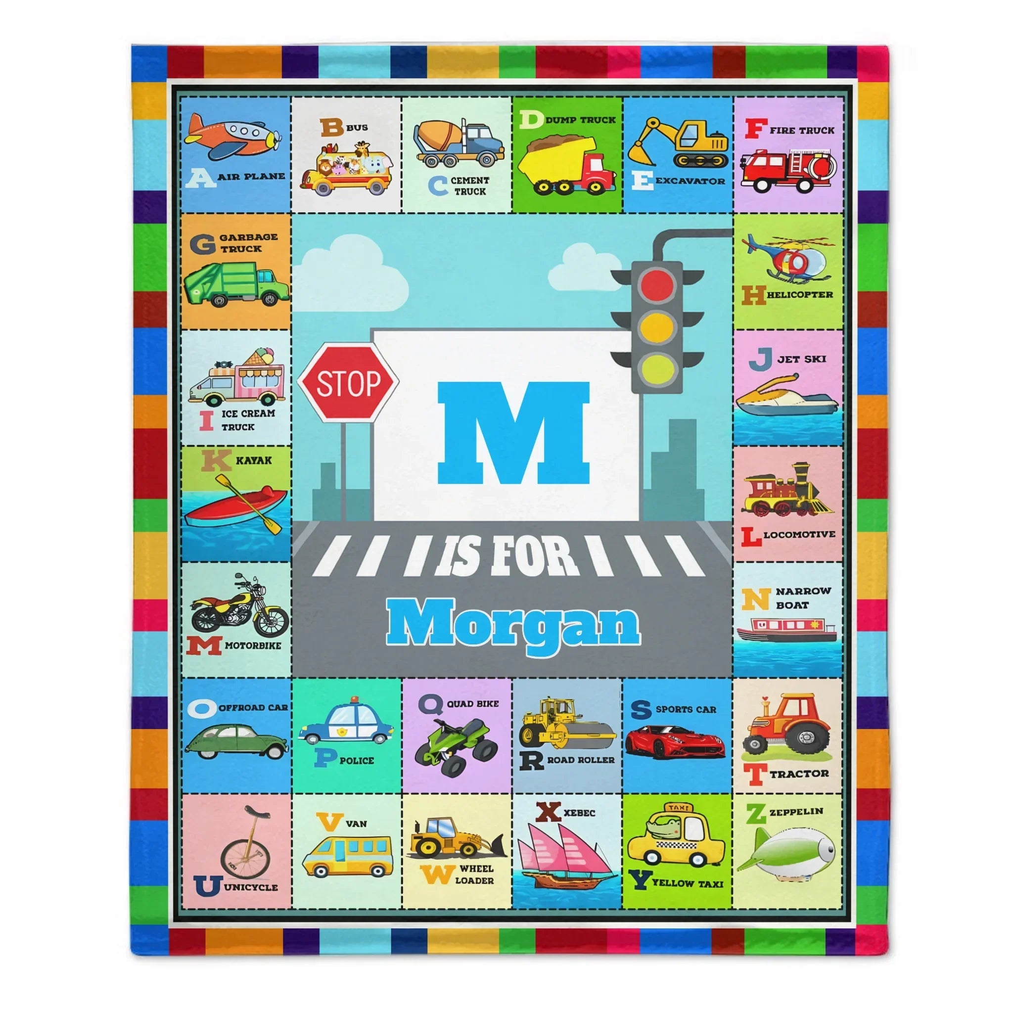 Custom Car & Truck Alphabet Blanket - Personalized Kids Learning Blanket - Gift for Toddlers and Children