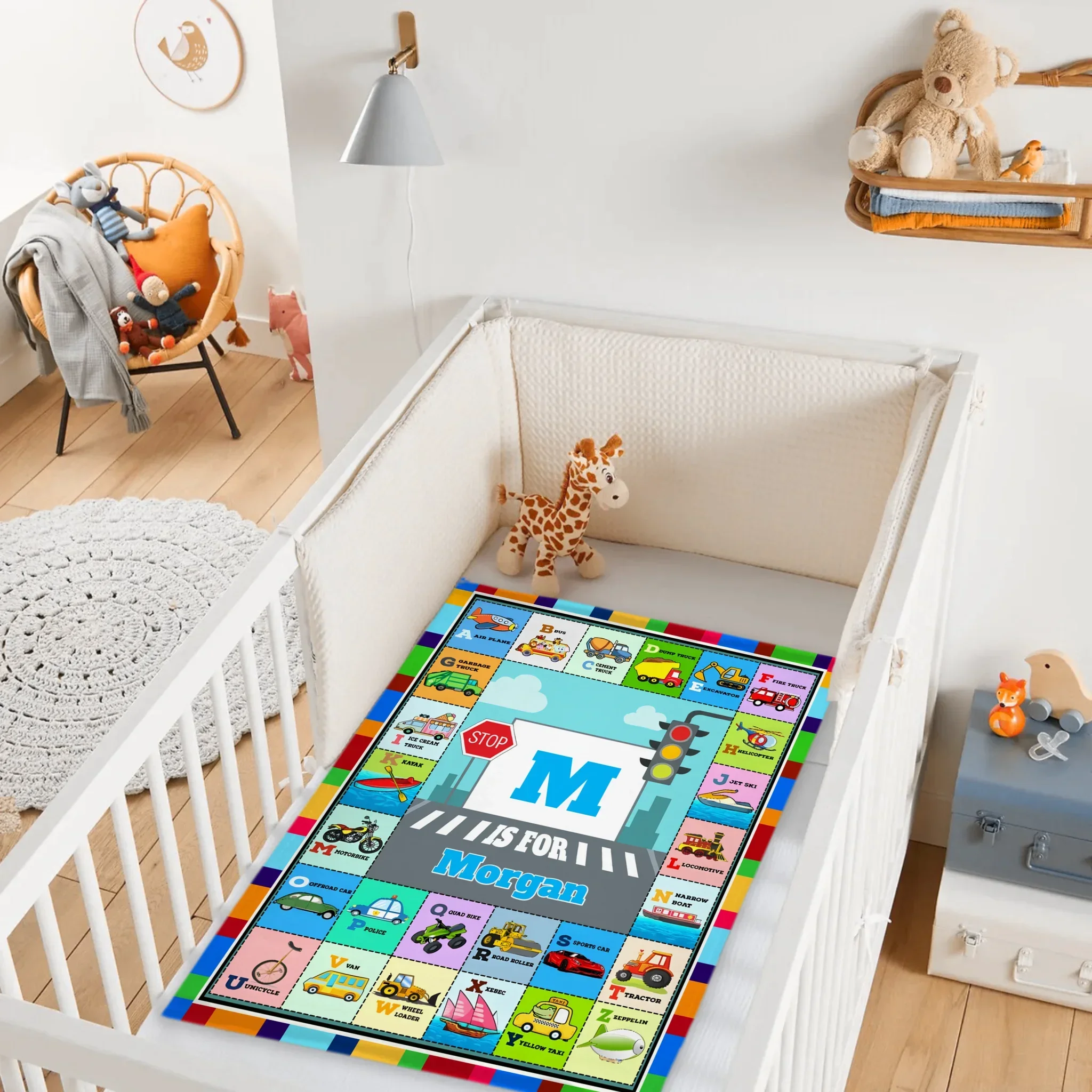 Custom Car & Truck Alphabet Blanket - Personalized Kids Learning Blanket - Gift for Toddlers and Children