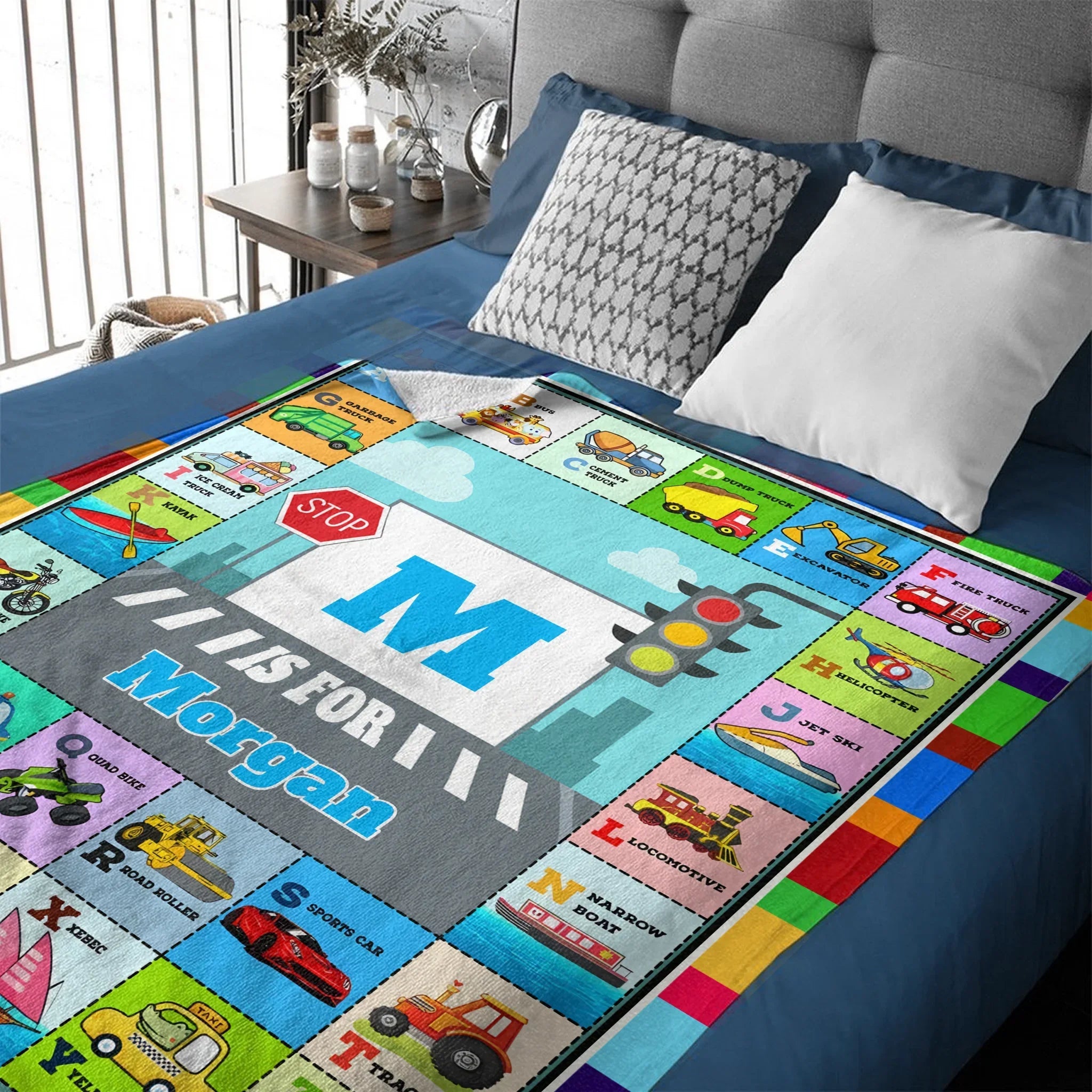 Custom Car & Truck Alphabet Blanket - Personalized Kids Learning Blanket - Gift for Toddlers and Children