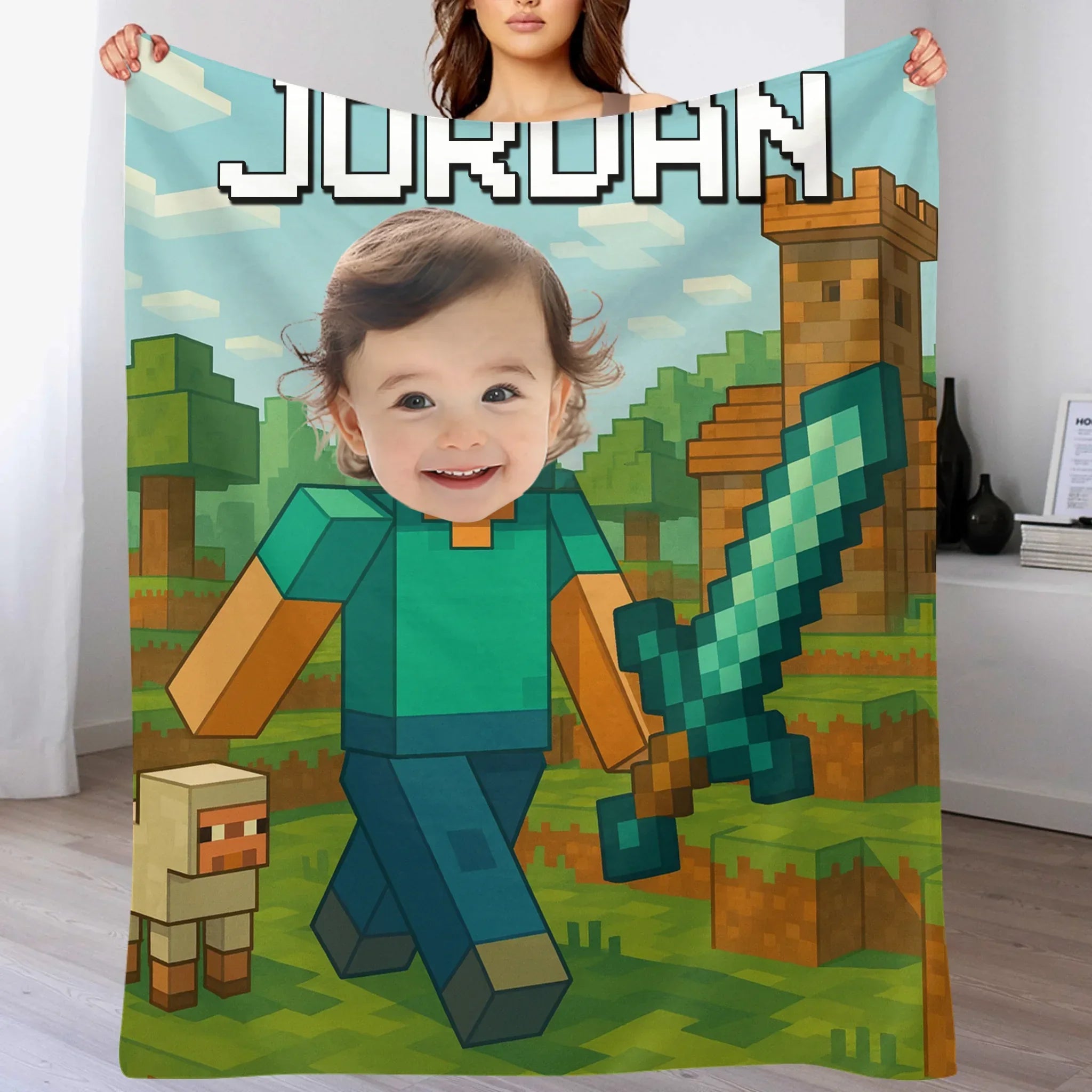 Custom Pixel Gamer Blanket - Personalized Minecraft Style Throw Blanket - Gift for Children