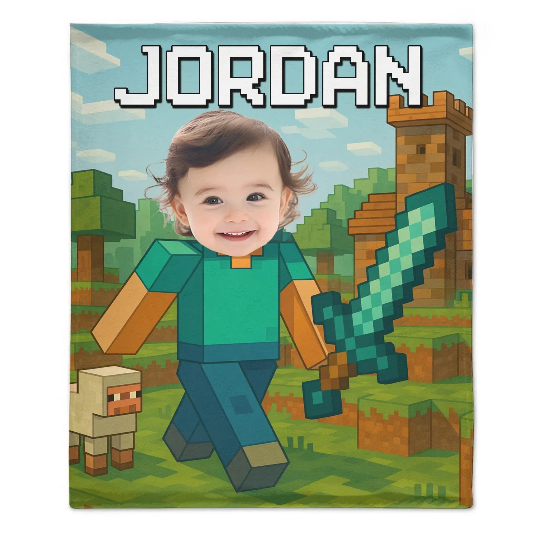 Custom Pixel Gamer Blanket - Personalized Minecraft Style Throw Blanket - Gift for Children