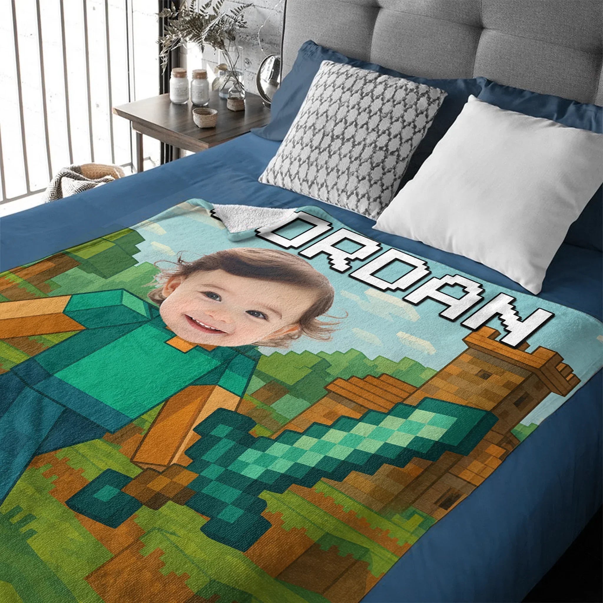 Custom Pixel Gamer Blanket - Personalized Minecraft Style Throw Blanket - Gift for Children