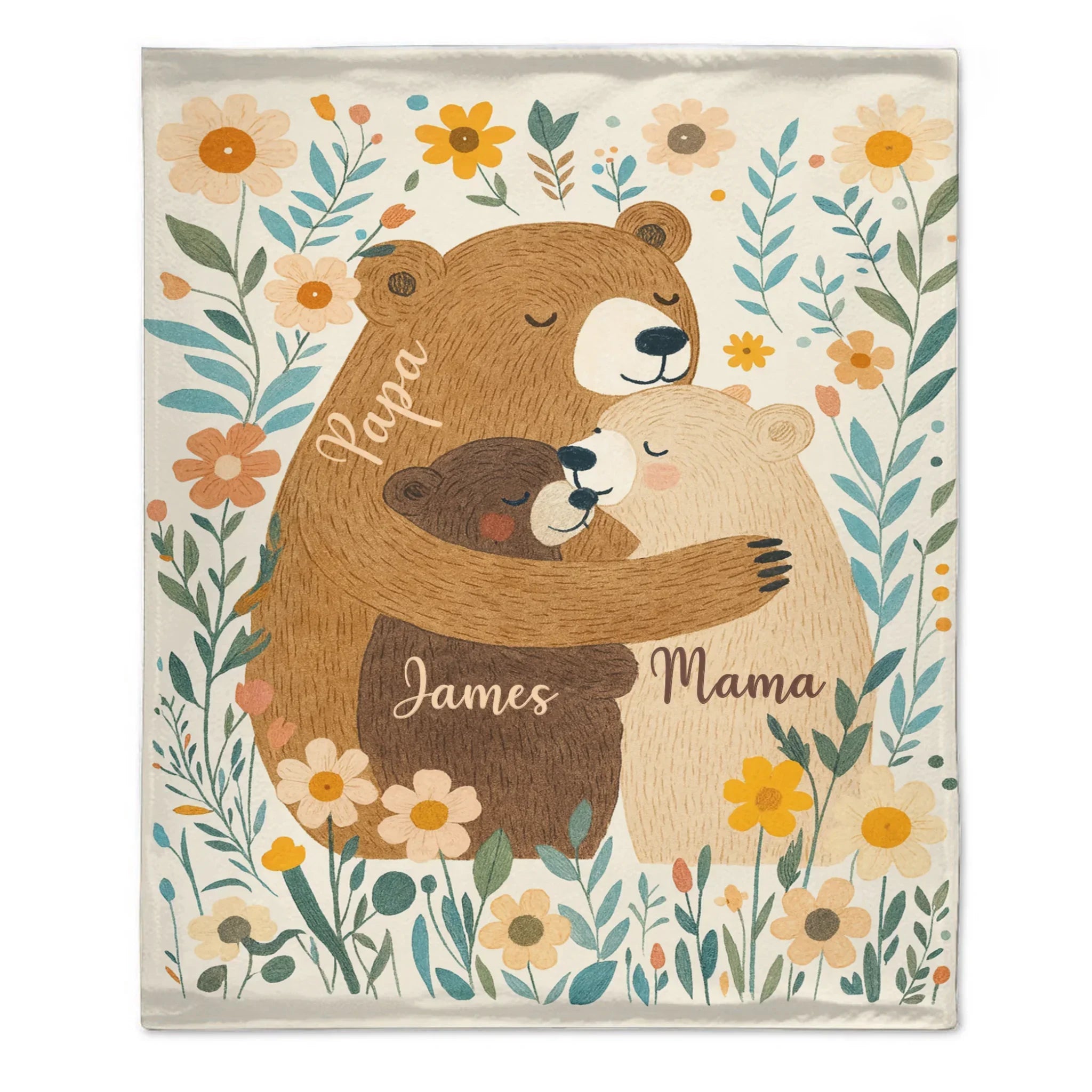 Customized Family Bear Flower Blanket - Personalized Name - Warm Gifts For Family Members