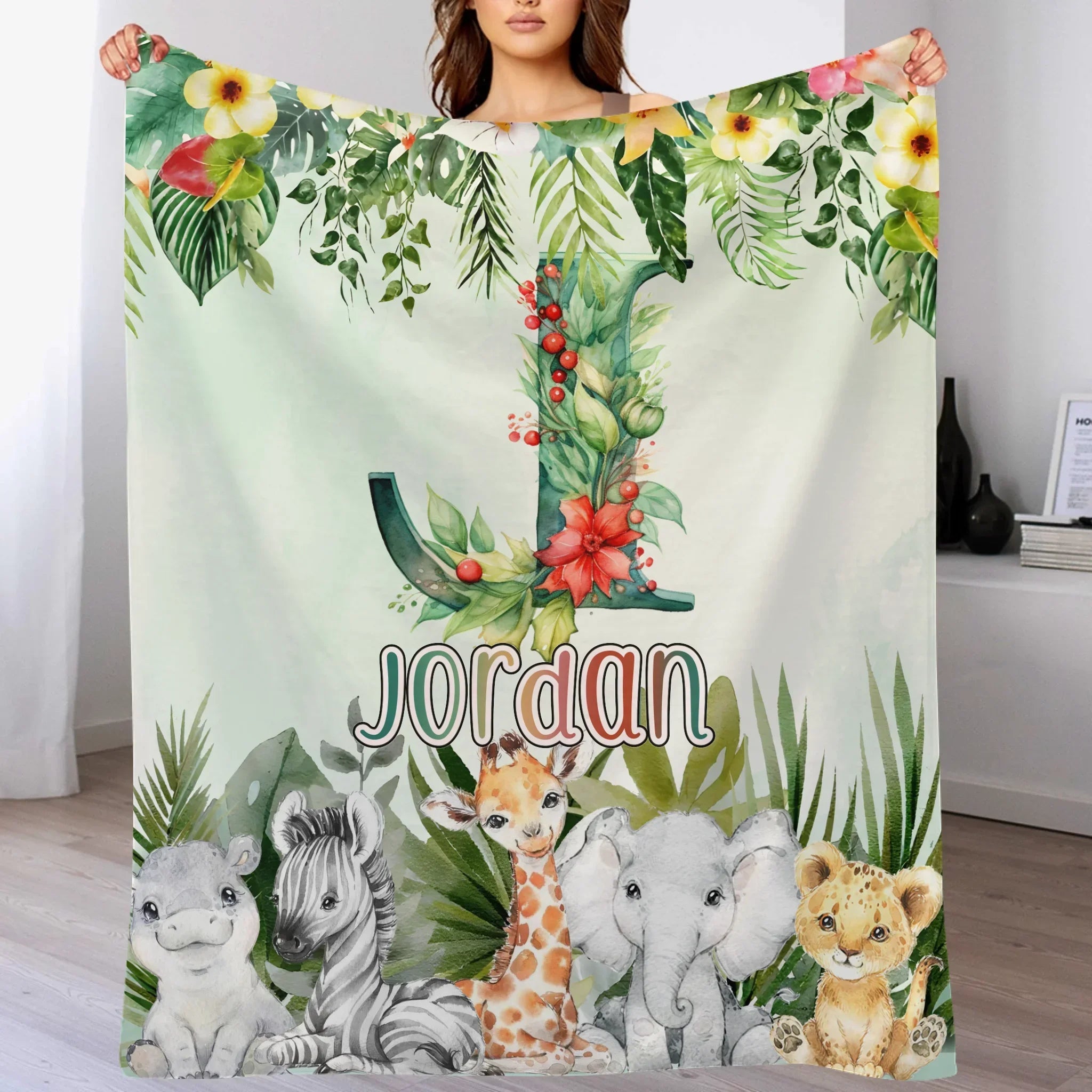 Custom Jungle Animal Blanket - Personalized Safari Baby Throw Blanket - Gift for Kids and Newborns