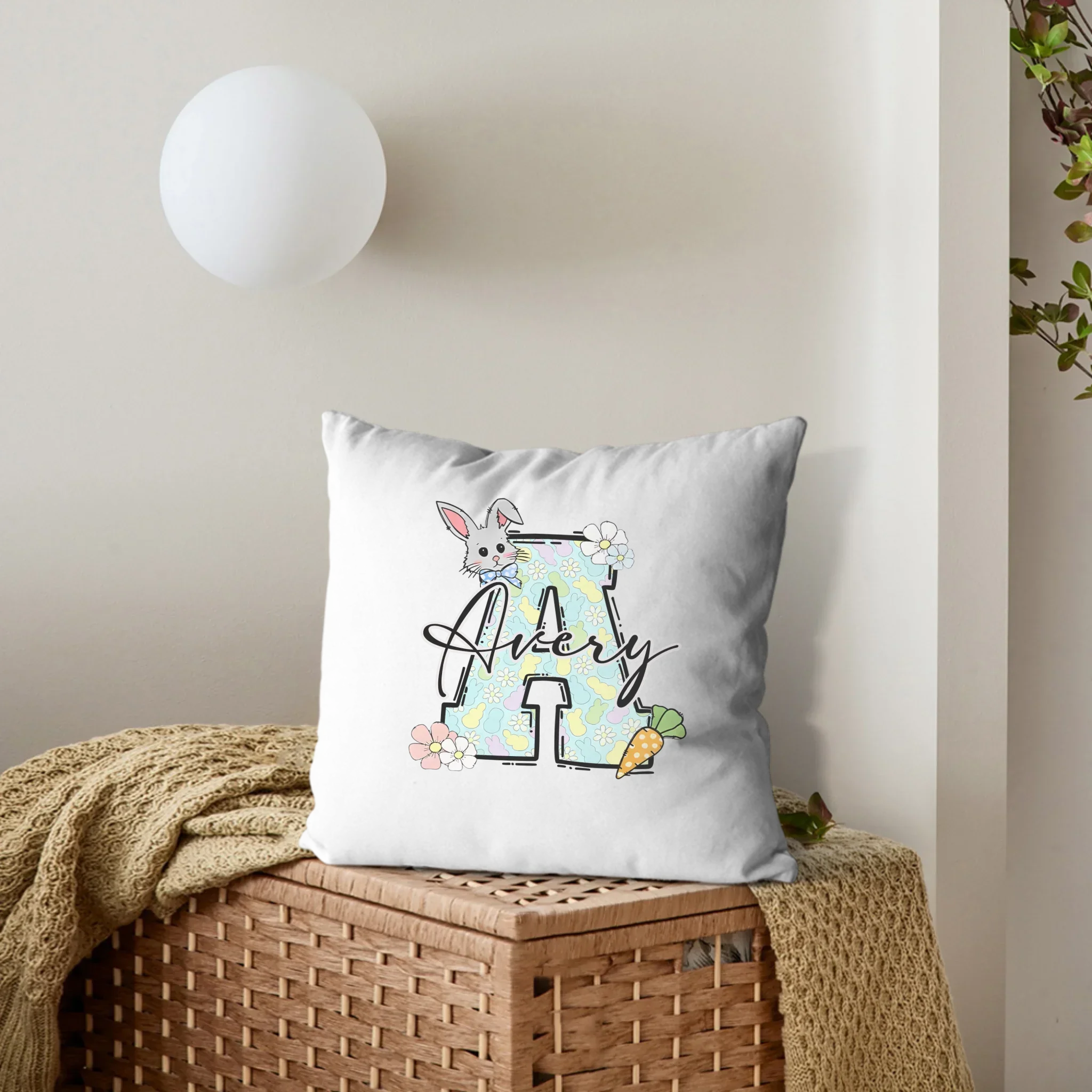 Custom Bunny Carrot Initial Pillow - Personalized Easter Bunny Name Cushion - Gift for Kids