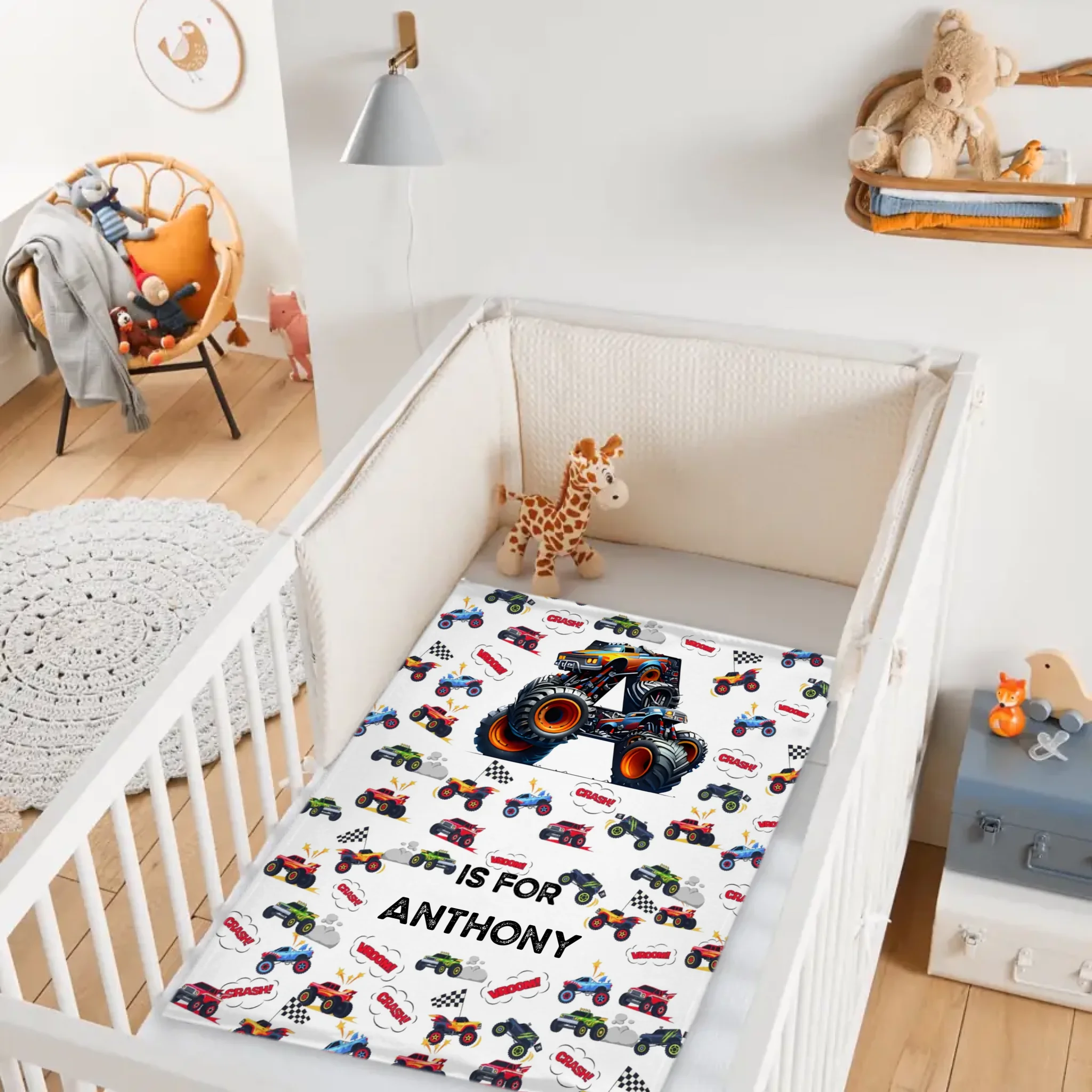 Custom Race Car Number Blanket - Personalized Monster Truck Birthday Throw - Gift for Kids, Boys