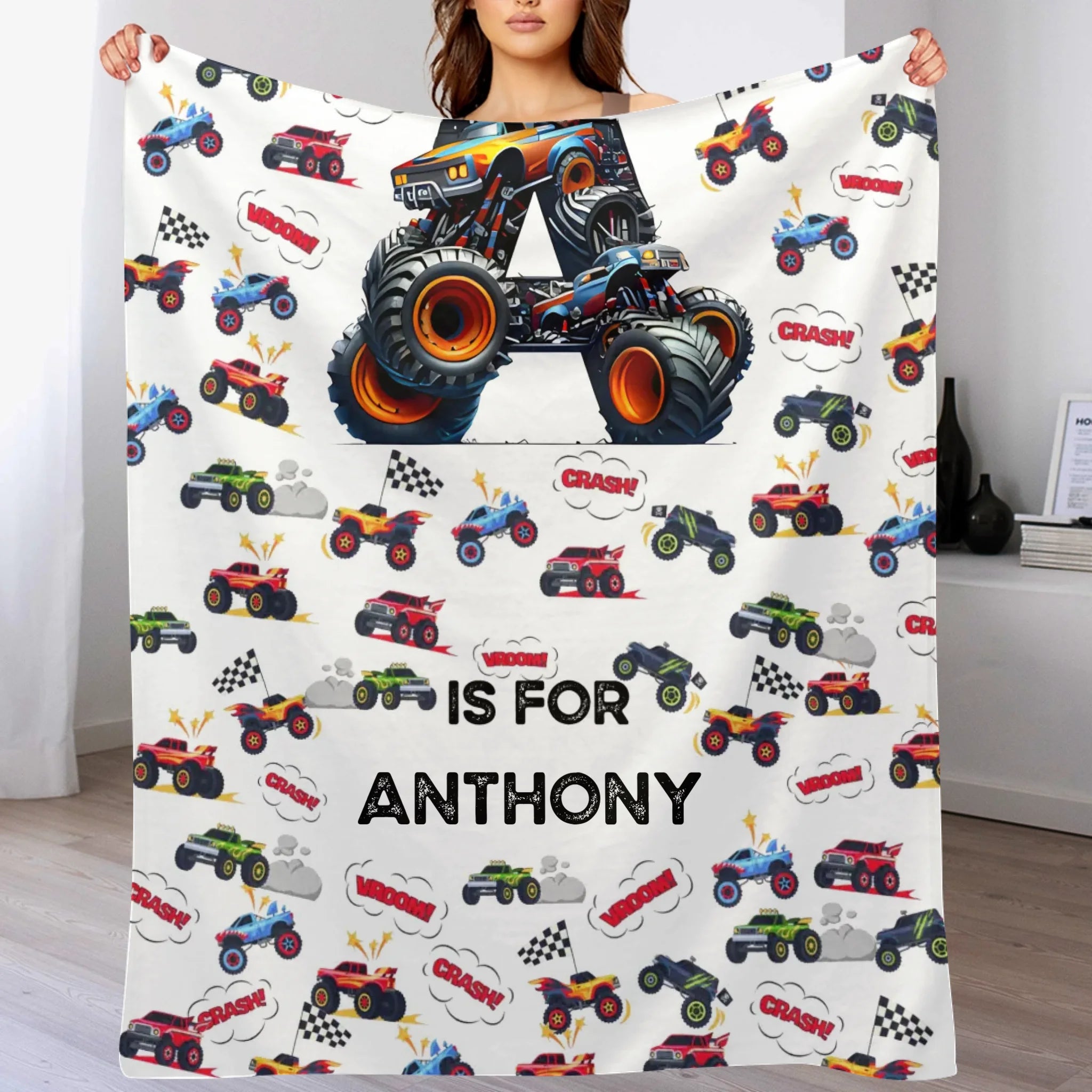 Custom Race Car Number Blanket - Personalized Monster Truck Birthday Throw - Gift for Kids, Boys