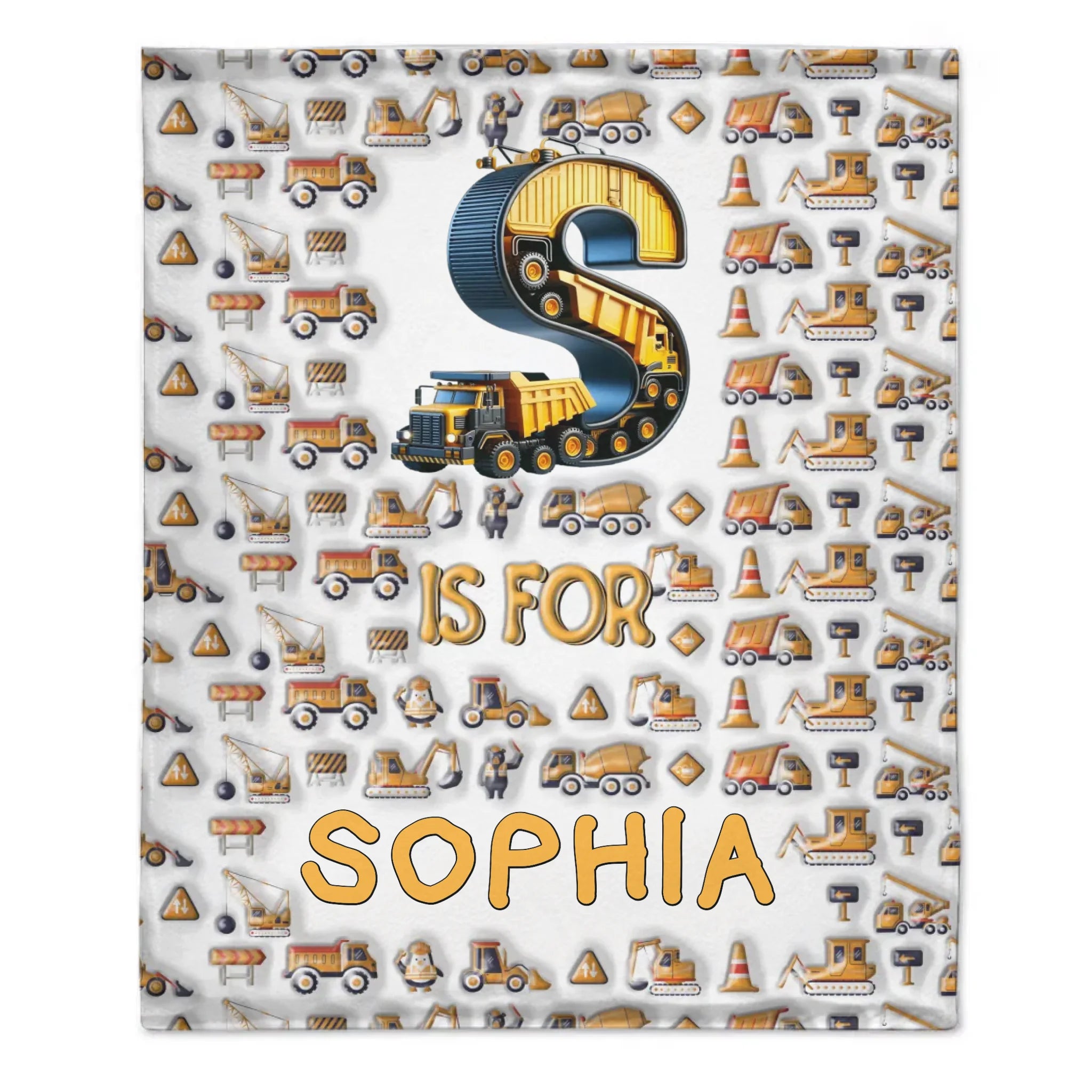 Custom Construction Truck Blanket - Personalized Excavator & Vehicle Alphabet Throw - Gift for Kids, Boys