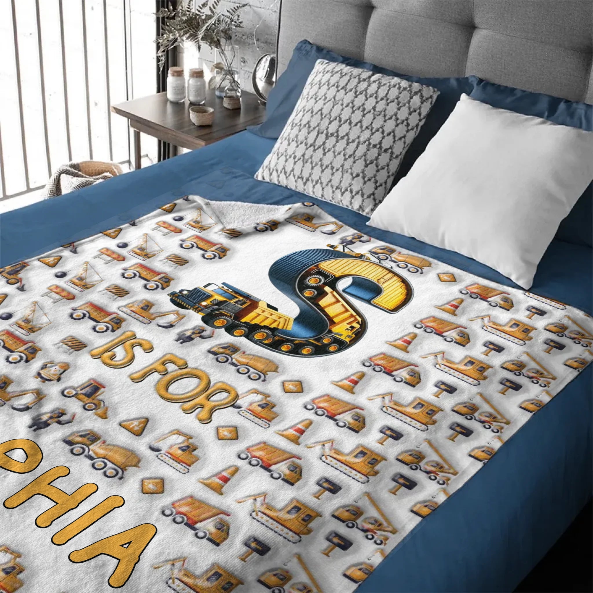Custom Construction Truck Blanket - Personalized Excavator & Vehicle Alphabet Throw - Gift for Kids, Boys